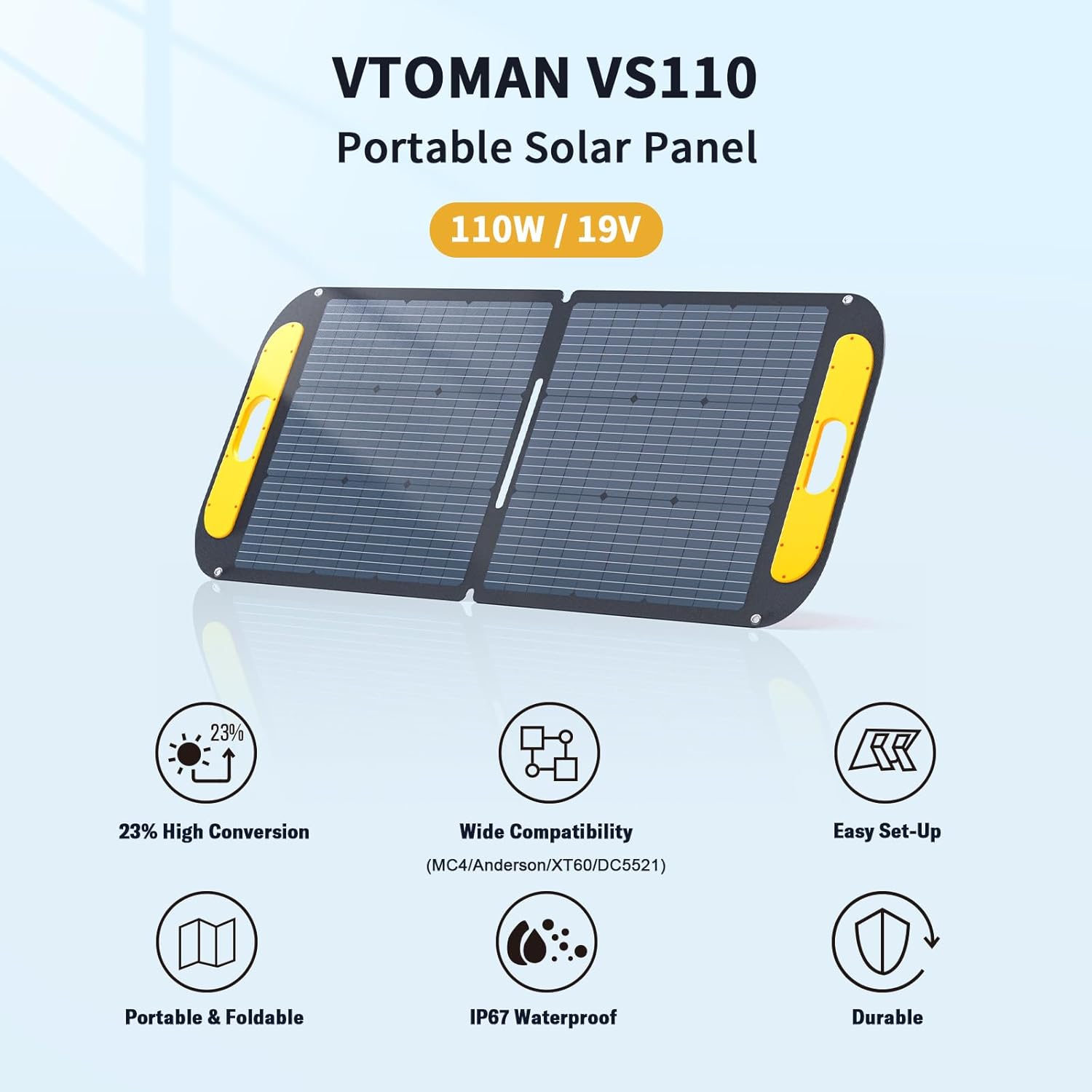 VTOMAN VS110 Portable Solar Panel 110W / 19V

- 23% High Conversion
- Wide Compatibility (MC4/Anderson/XT60/DC5521)
- Easy Set-Up
- Portable & Foldable
- IP67 Waterproof
- Durable