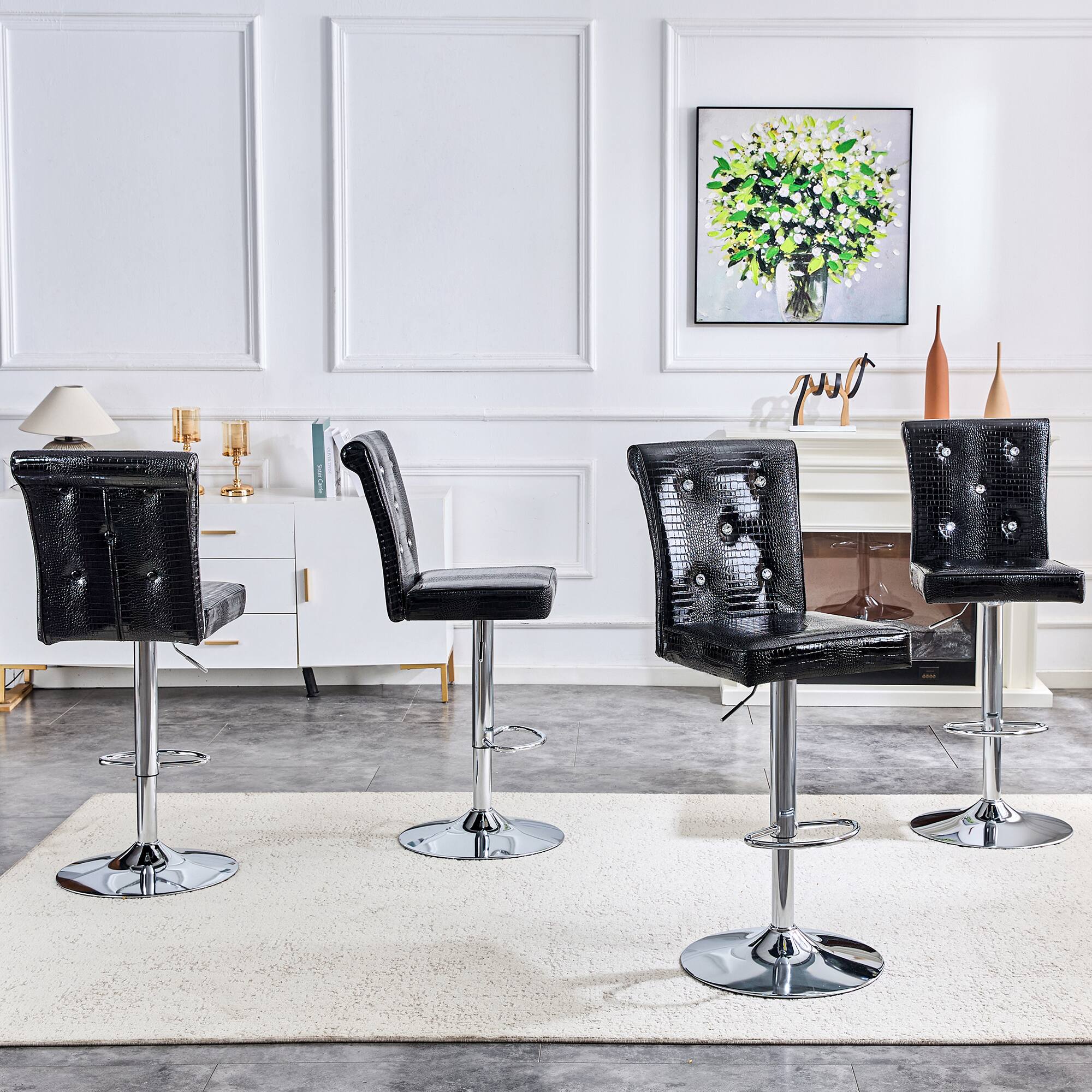 Alt View 2. Loheer - Vintage Faux Crocodile Lift Bar Stools Set of 2 Crystal Tufted 1.8x1.42x4.08 ft - Black.