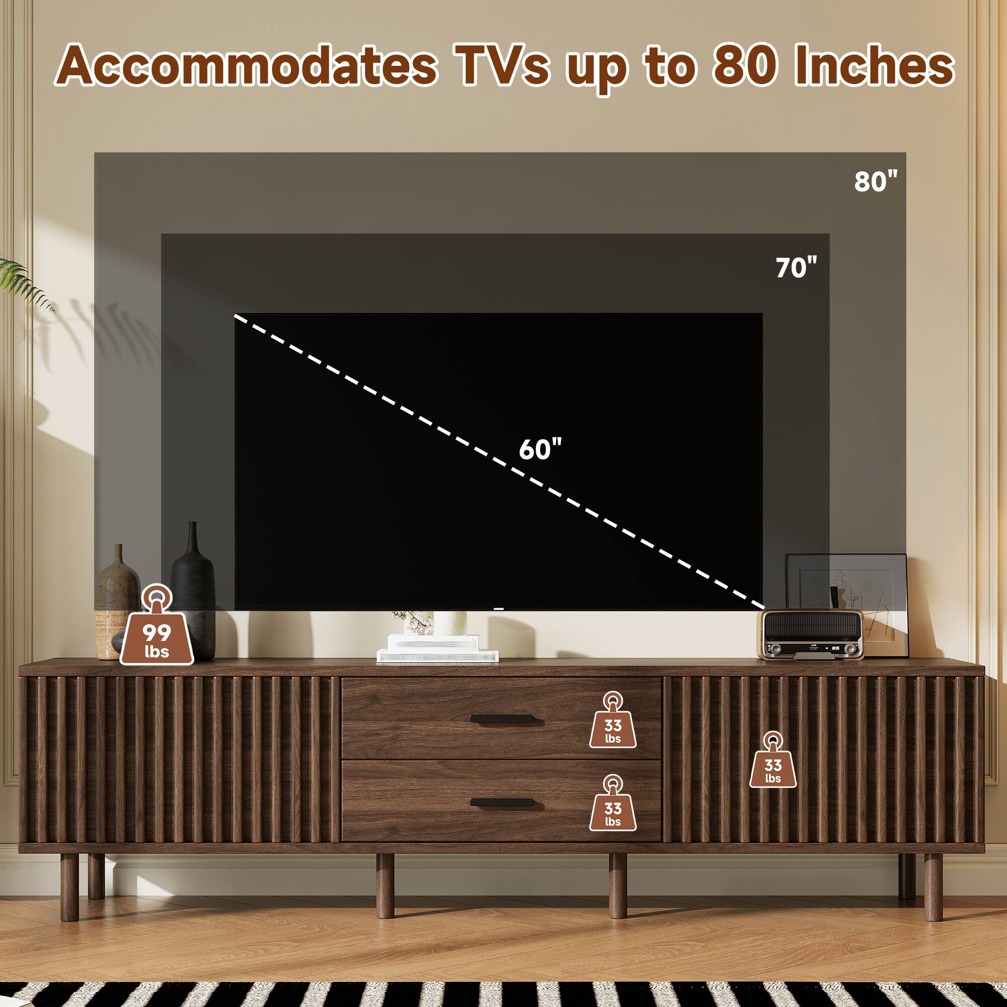 Accommodates TVs up to 80 Inches  
80" 70" 60"  
99 lbs  
33 lbs 33 lbs 33 lbs