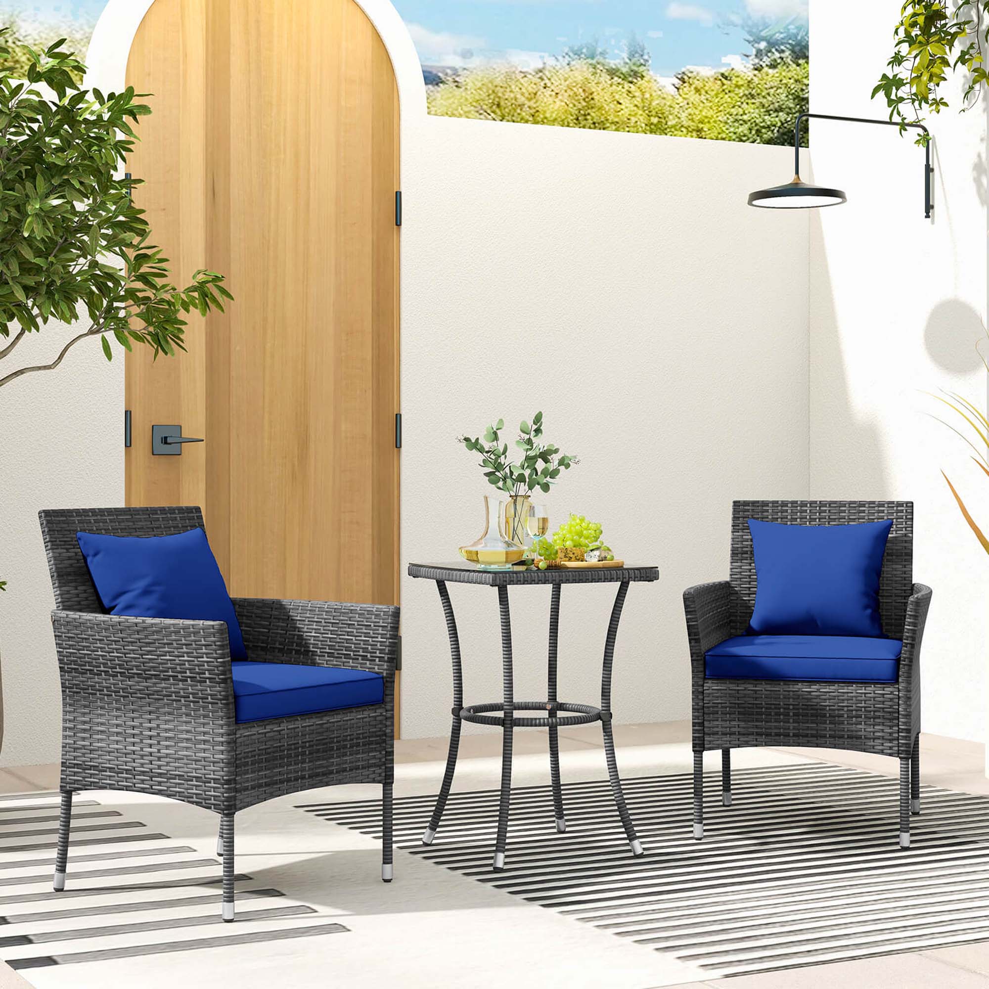 Alt View 7. Costway - 3 PCS Patio Furniture Set witn Cushioned Patio Chairs & Tempered Glass Coffee Table - Navy + Mix Grey.