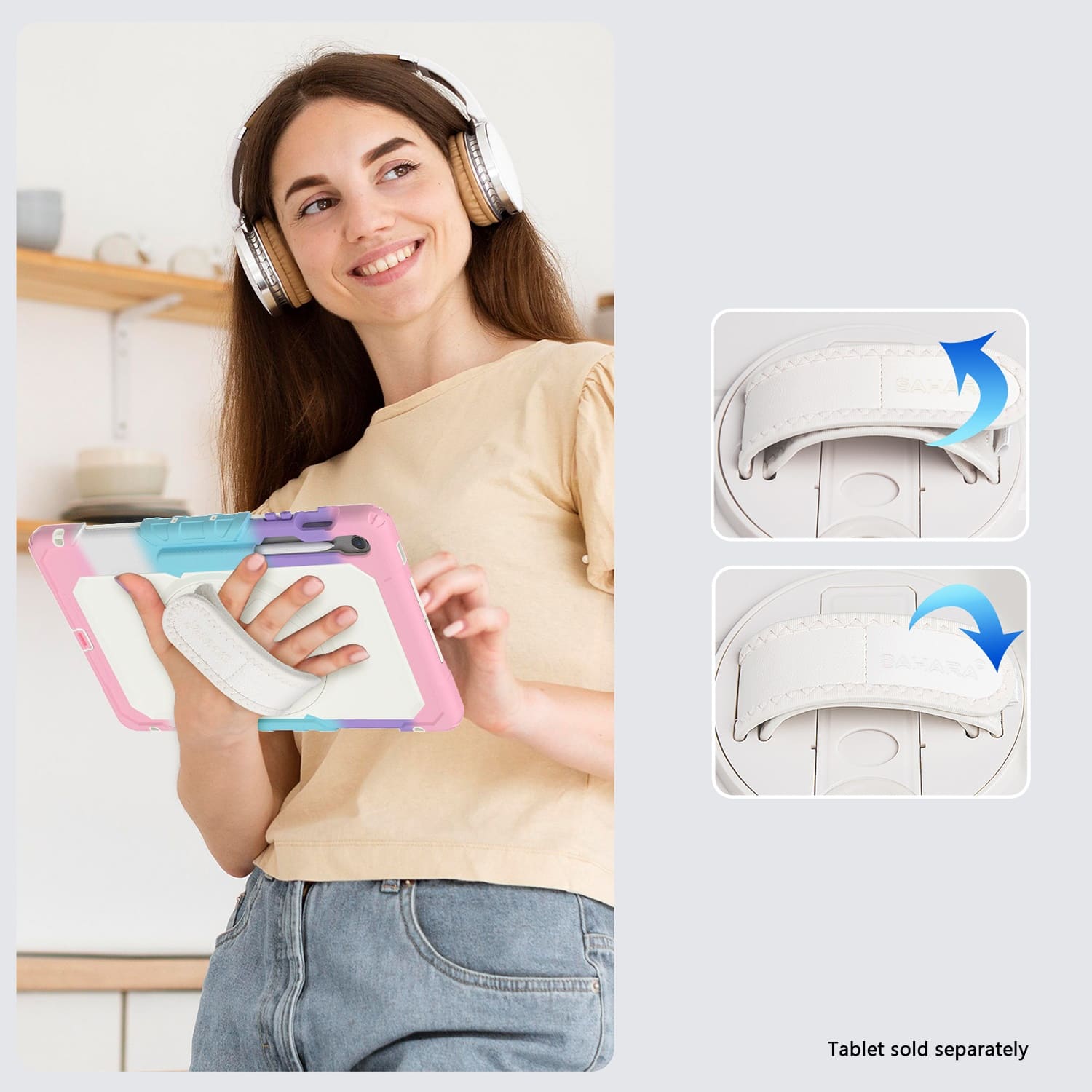 The image features a woman holding a tablet, which is sold separately. The tablet is displayed in two different positions, one with the woman holding it and another with the tablet on display. The woman is wearing headphones and appears to be using the tablet.