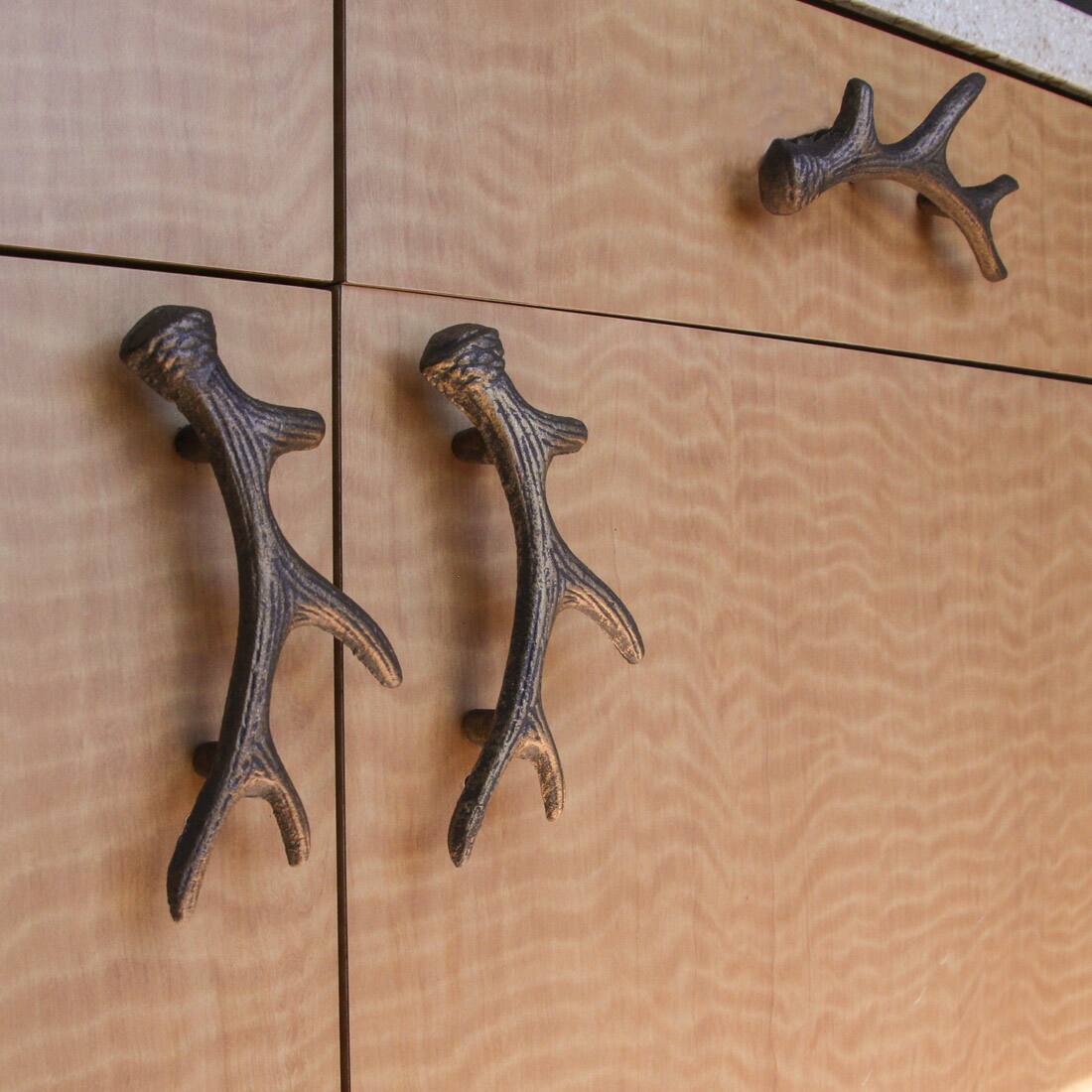 Alt View 3. Zeckos - Antique Bronze Cast Iron Rustic Deer Antler Drawer Pull Cabinet Handle Set of 6 - Bronze.