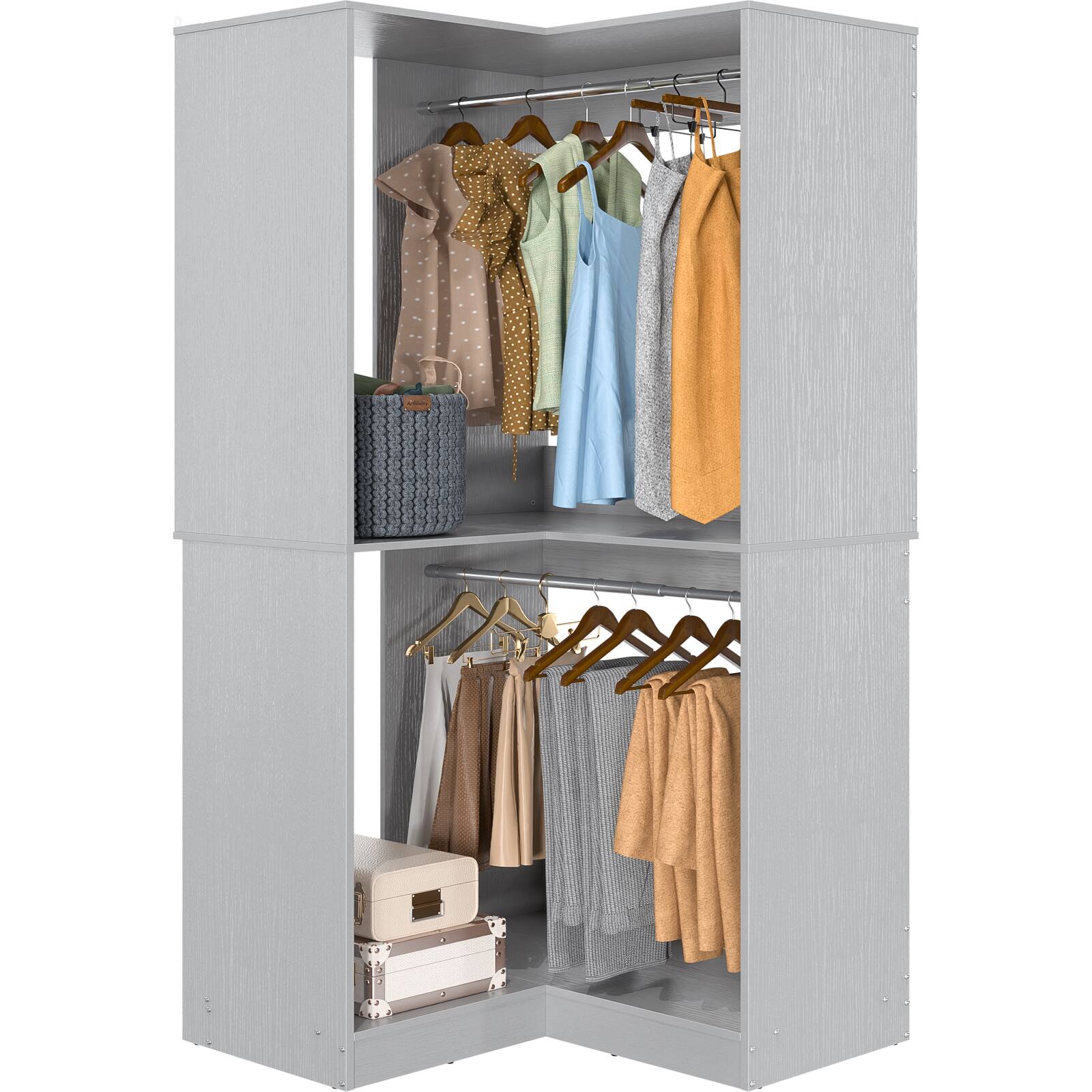 Alt View 4. Aheaplus - Corner Closet System, 32 Inch Wide Corner Unit with 2 Hanging Rods and Shelves, 3-Tier - Gray.