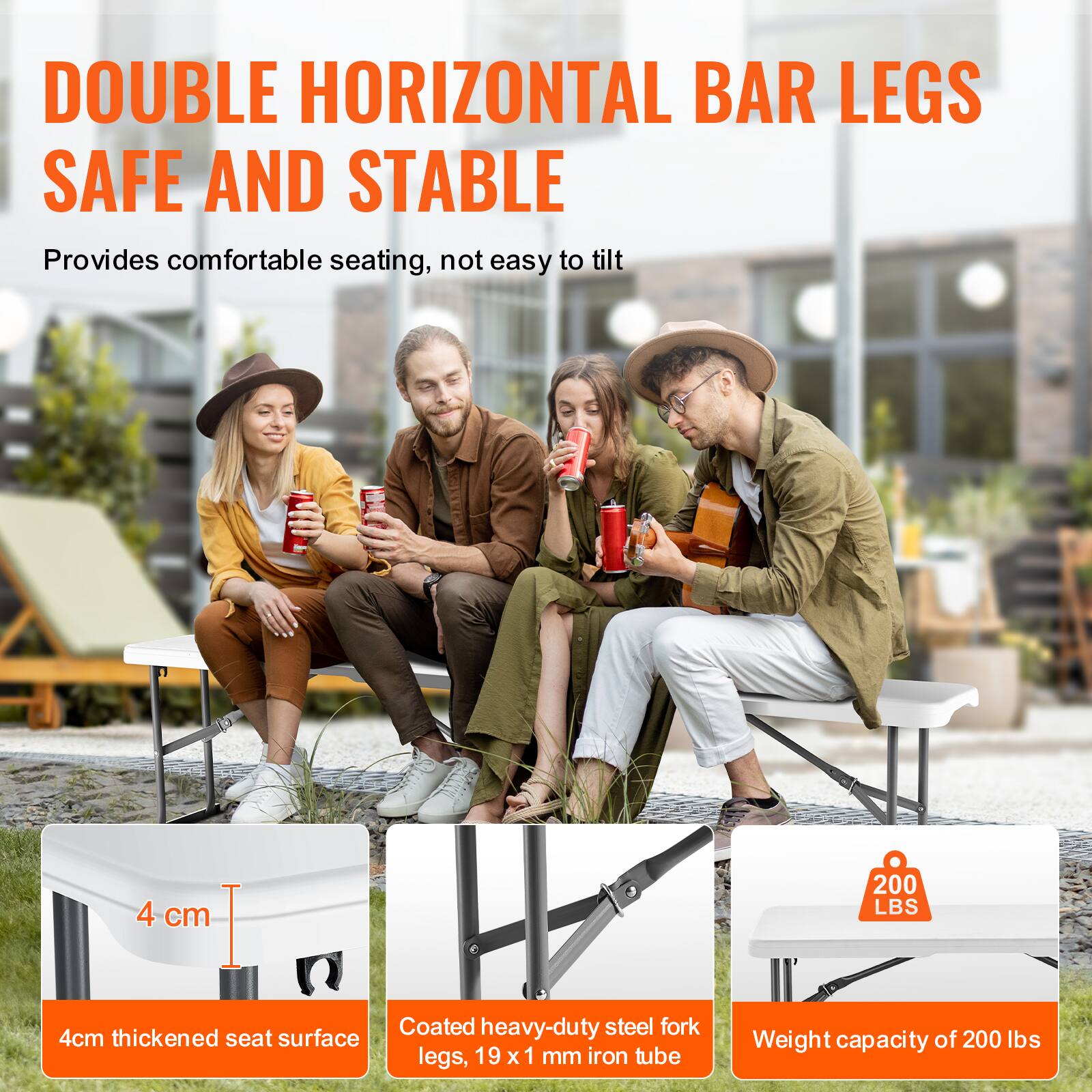 DOUBLE HORIZONTAL BAR LEGS  
SAFE AND STABLE  

Provides comfortable seating, not easy to tilt  

4 cm thickened seat surface  
Coated heavy-duty steel fork legs, 19 x 1 mm iron tube  
Weight capacity of 200 lbs