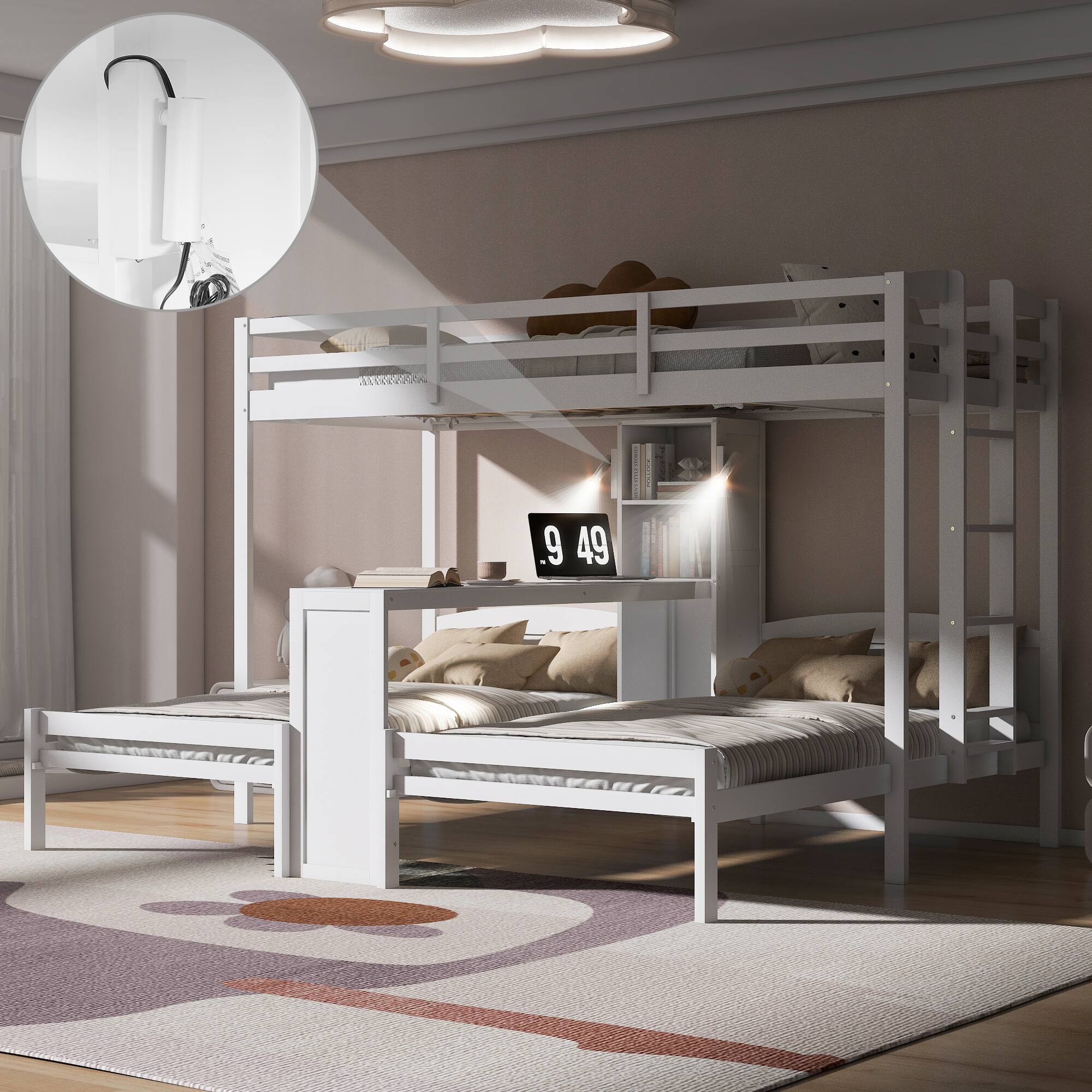 Left. Anysun - 3 Beds in 1 Design Twin Bunk Bed with Built-in Desk, Storage Shelves & Reading Lamp, Space-Saving Multi-Function - White.