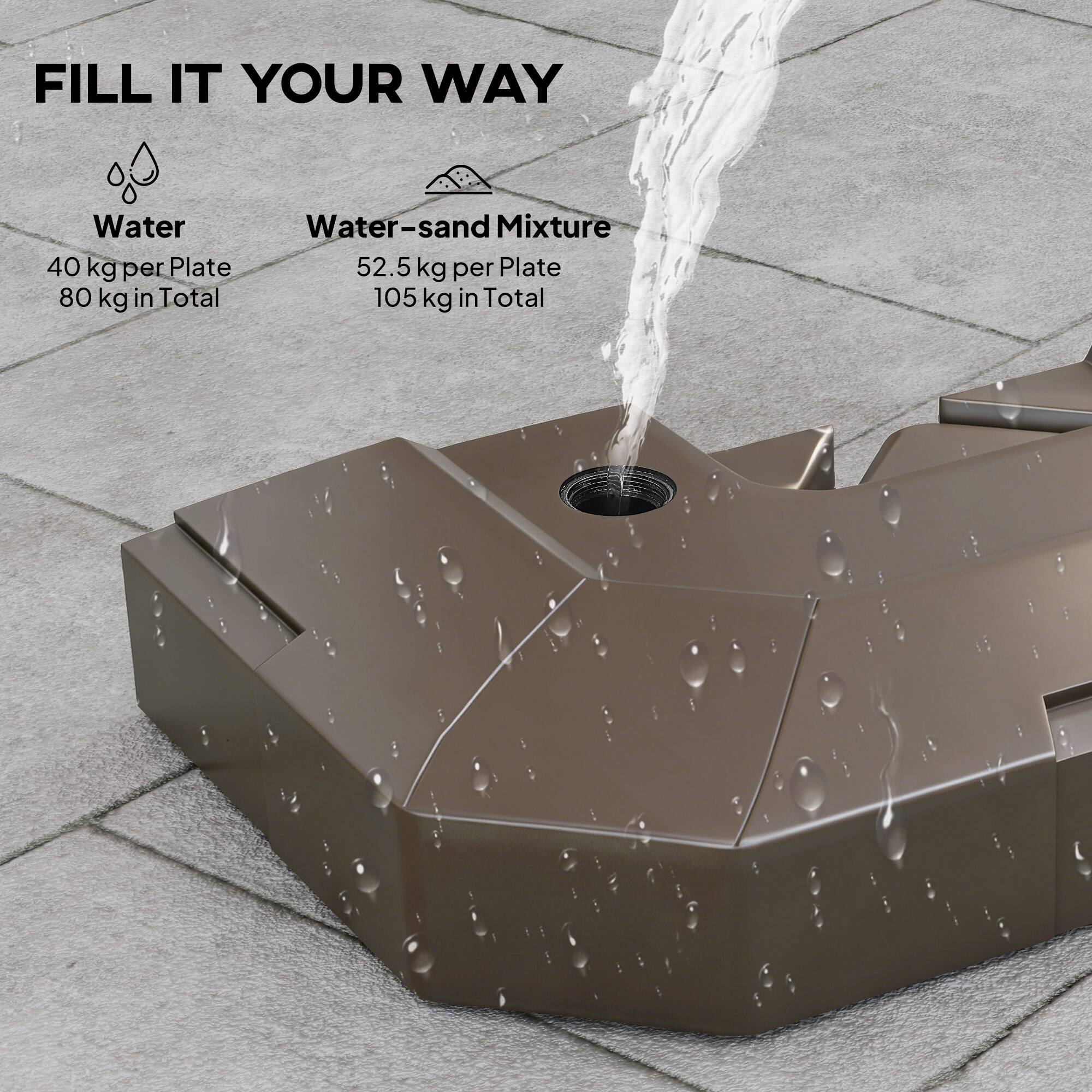 FILL IT YOUR WAY

Water  
40 kg per Plate  
80 kg in Total

Water-sand Mixture  
52.5 kg per Plate  
105 kg in Total