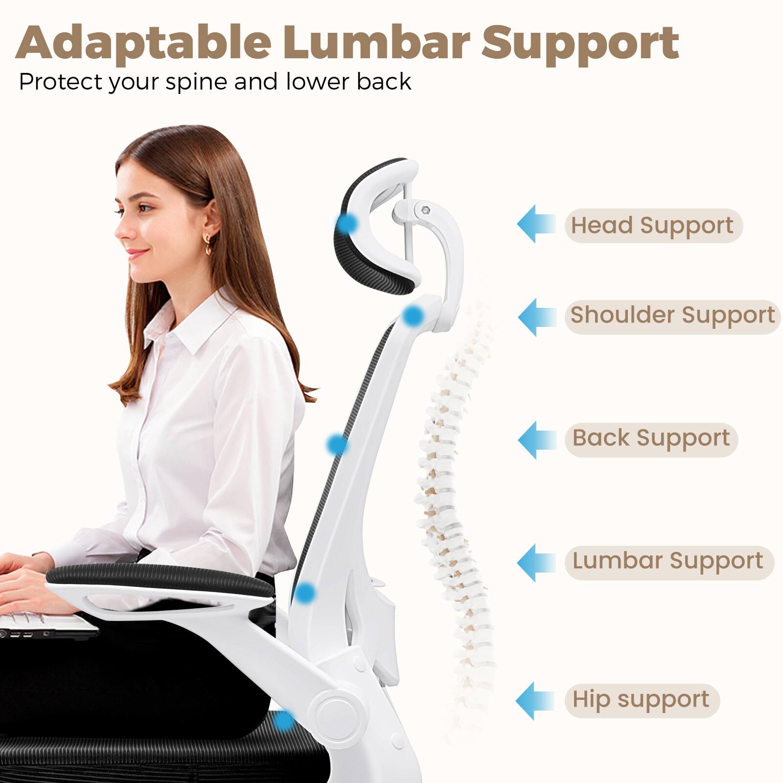 Adaptable Lumbar Support  
Protect your spine and lower back  

- Head Support  
- Shoulder Support  
- Back Support  
- Lumbar Support  
- Hip Support