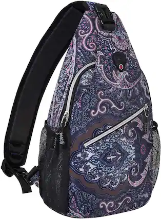 Front. mosiso - Sling Backpack Multipurpose Crossbody Shoulder Bag Travel Hiking Daypack - Navy Blue Base Totem Texture.