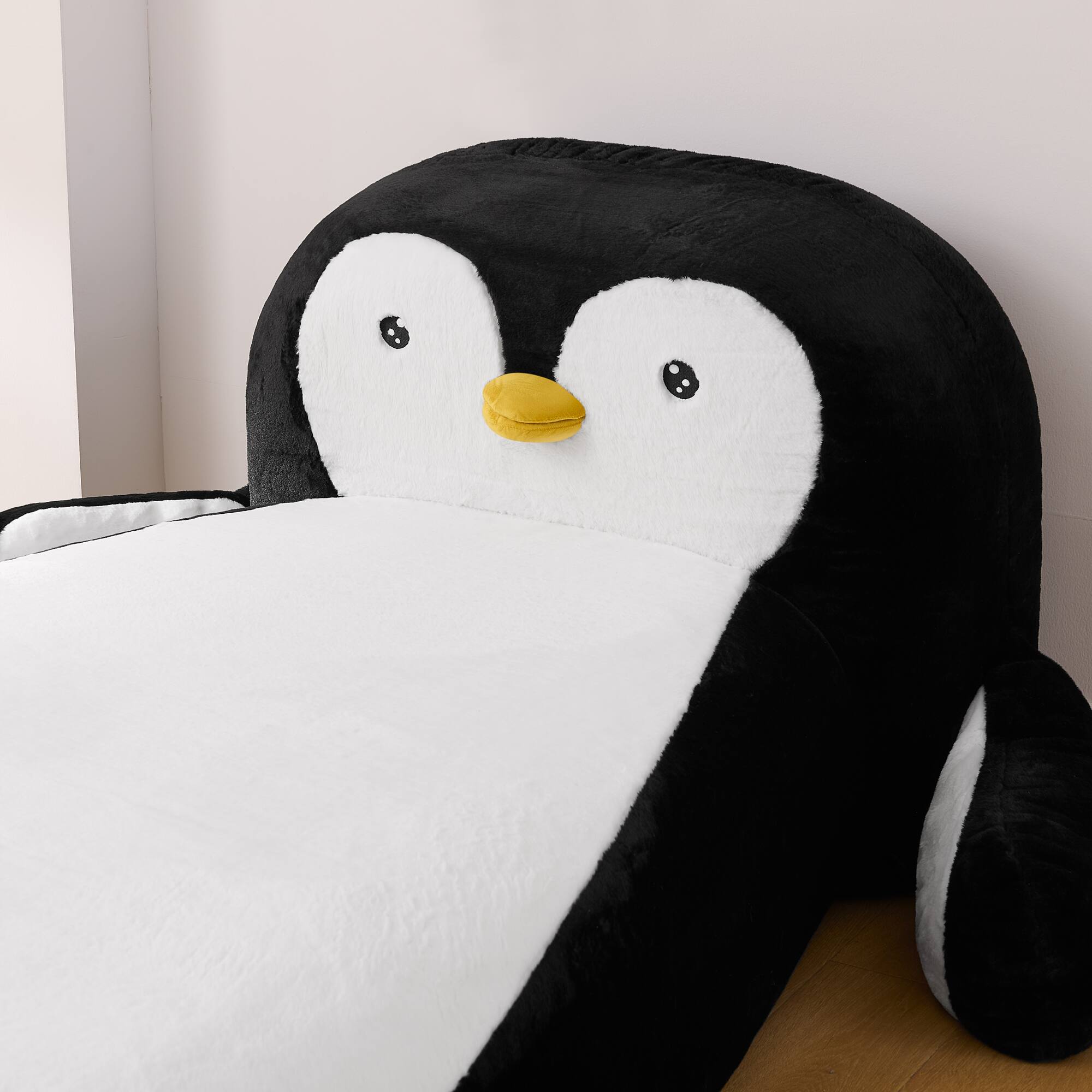 Back. Anysun - Twin Size Fluffy Faux Fur Penguin Shaped Bed Lounger Chair with 100% Sponge Filling for Kids Bedroom Playroom - Black.