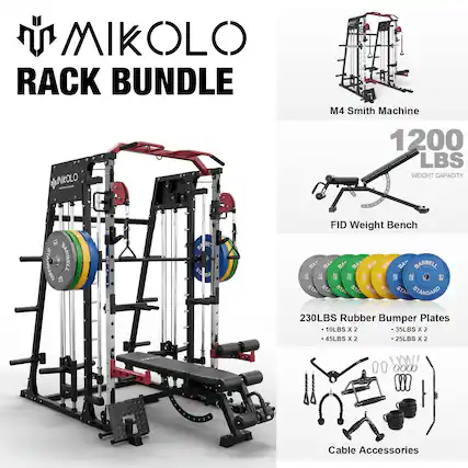MIKOLO RACK BUNDLE
M4 Smith Machine 1200 LBS WEIGHT CAPACITY
FID Weight Bench
230LBS Rubber Bumper Plates
10LBS X 2
35LBS X 2
45LBS X 2
25LBS X 2
Cable Accessories