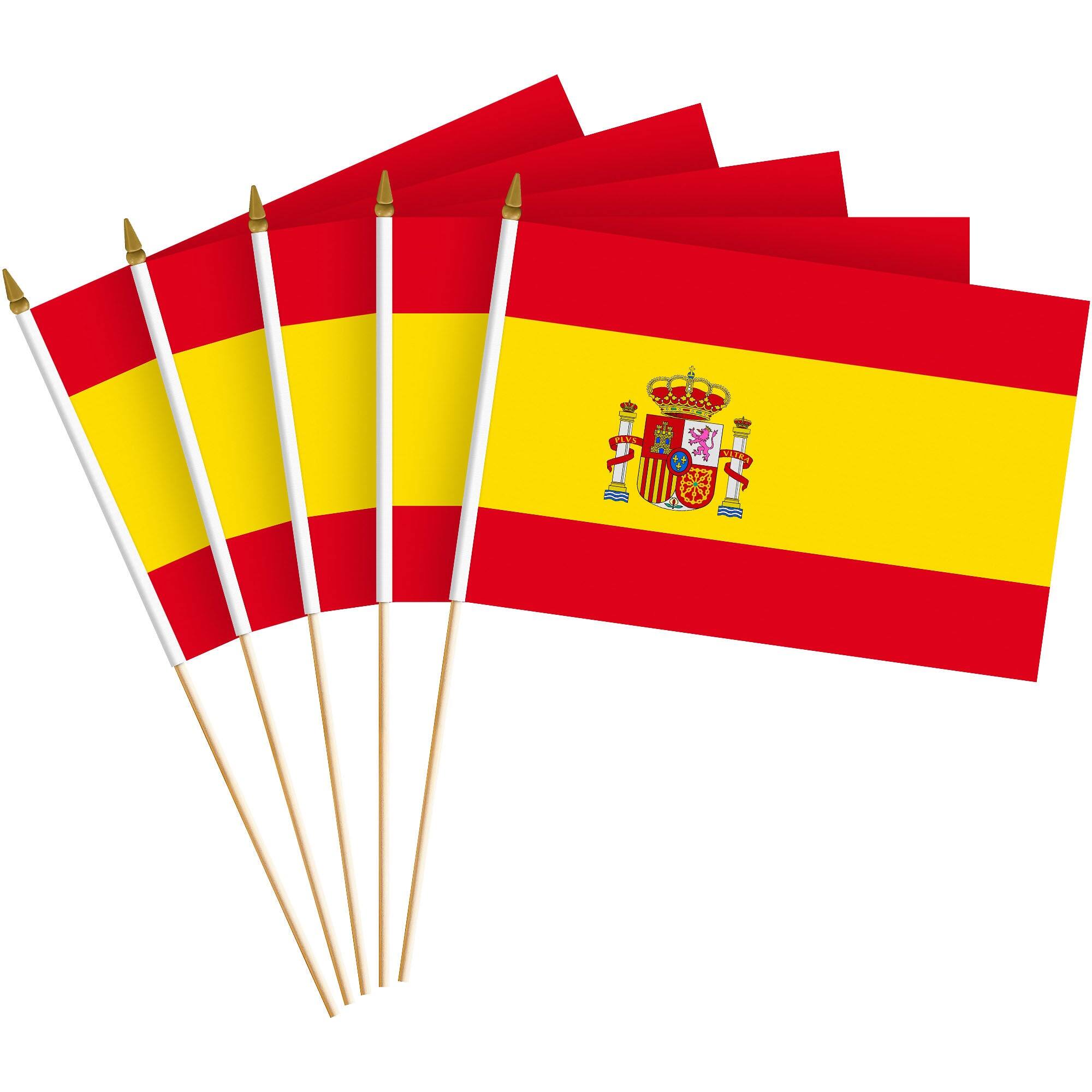 Front. G128 - 12-Pack Spain Handheld Stick Flags, 8 x 12 in, Printed 150D Polyester with Wooden Stick and Gold Spear Tip. - Assorted Colors.
