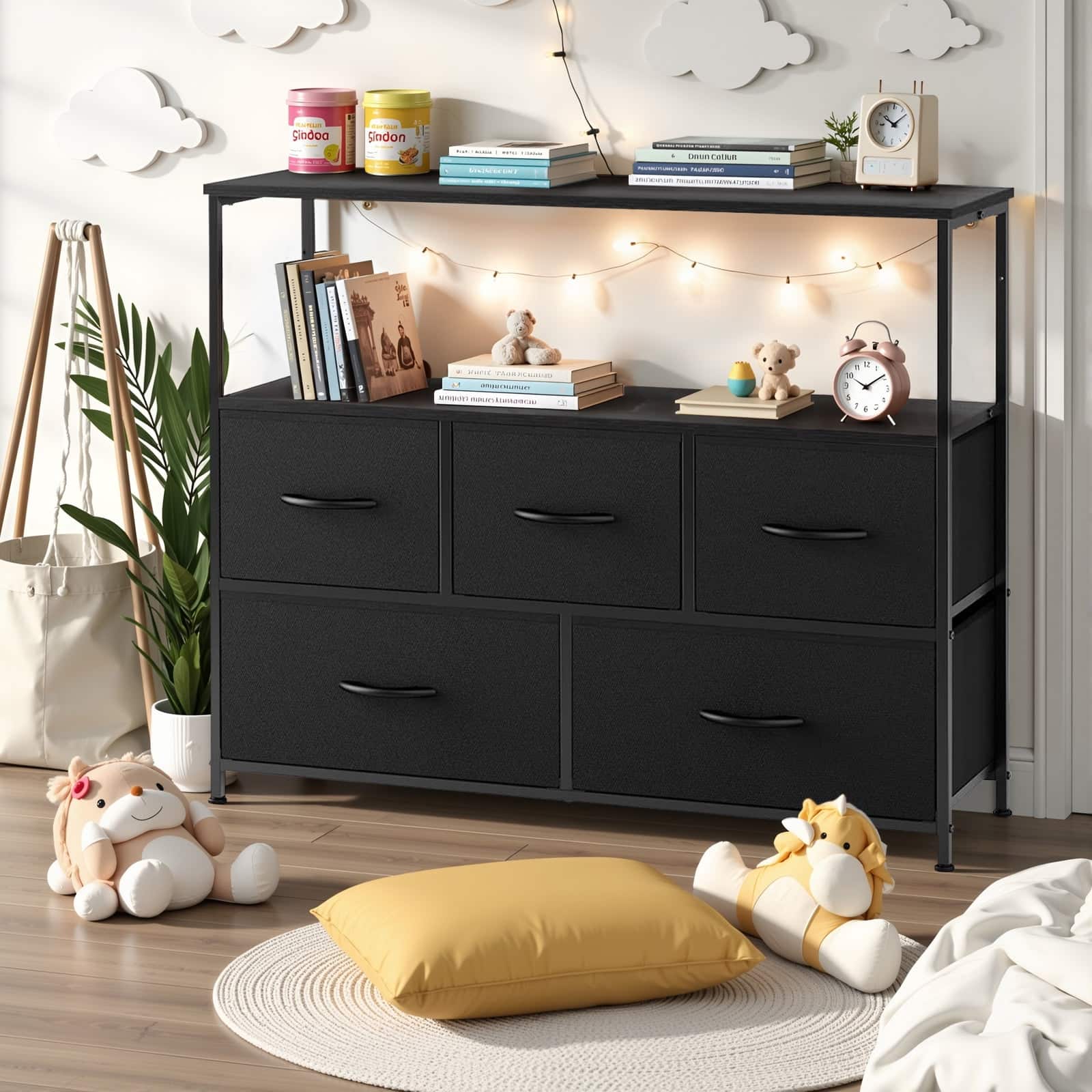 AOITUN - 5 Drawer Dresser, Fabric Storage Chest with TV Stand, Open Shelf, Adjustable Feet, Bedroom or Living Room - Black