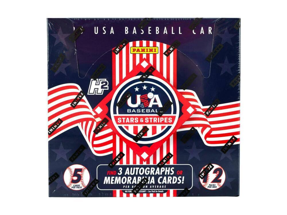 USA BASEBALL CARDS  
PANINI HF  
STARS & STRIPES  
FIND 3 AUTOGRAPHS OR 5 MEMORABILIA CARDS!  
5 CARDS PER PACK  
12 PACKS PER BOX  
NO PURCHASE NECESSARY
