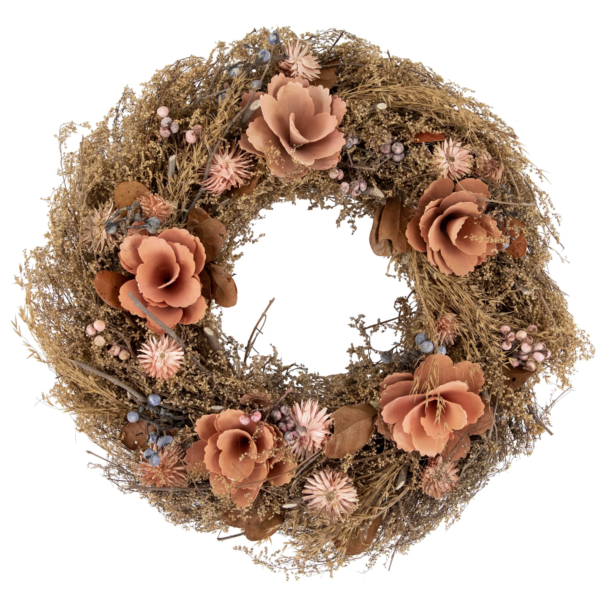 Northlight - and Coral Pink Twig and Floral Autumn Harvest Wreath, 13.75-Inch, Unlit - Orange
