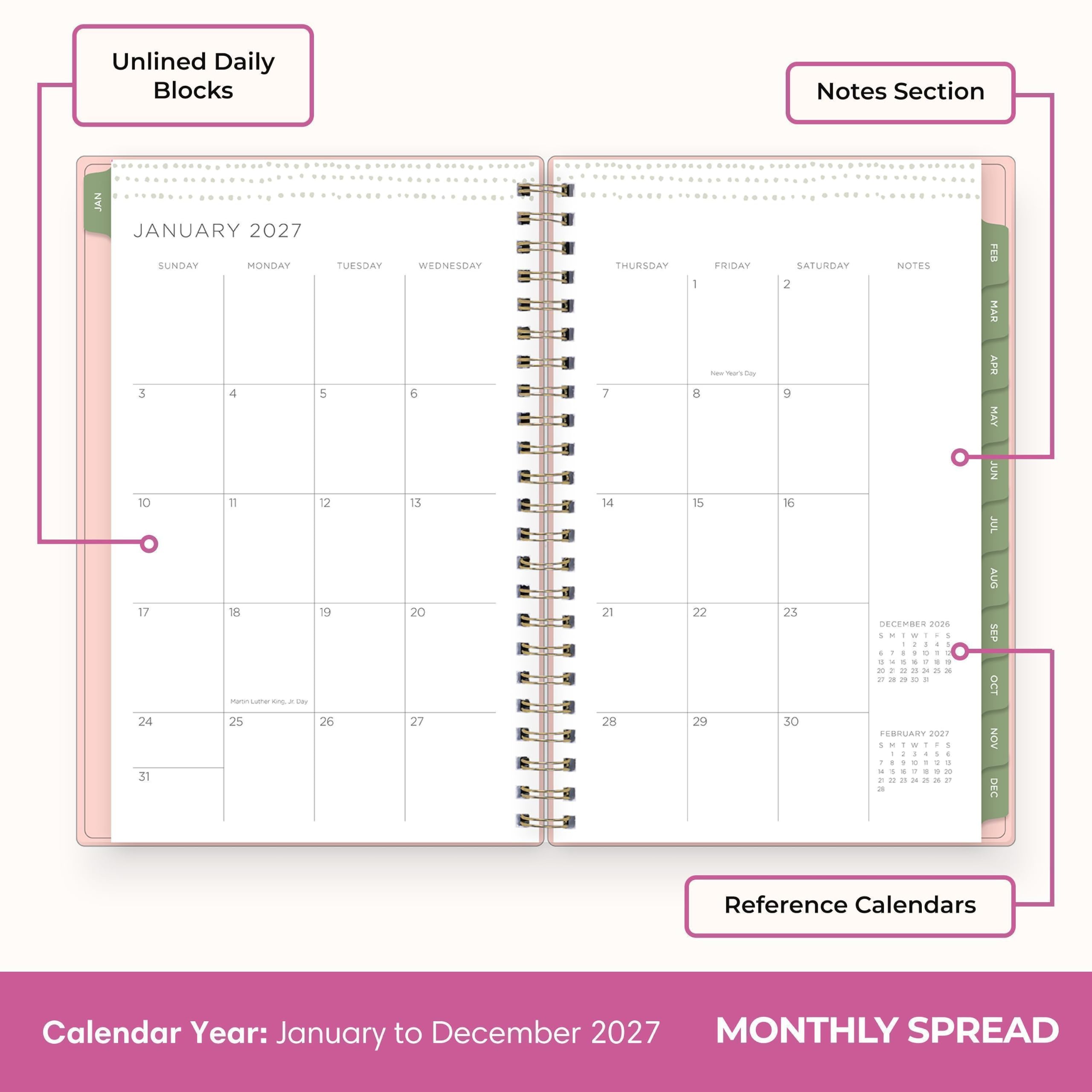 Unlined Daily Blocks

Notes Section

JANUARY 2027
SUNDAY MONDAY TUESDAY WEDNESDAY THURSDAY FRIDAY SATURDAY NOTES
3 4 5 6 7 8 9
10 11 12 13 14 15 16
17 18 19 20 21 22 23
24 25 26 27 28 29 30
31

MARTIN LUTHER KING, JR. DAY

DECEMBER 2026
SUN MON TUE WED THU FRI SAT
1 2 3 4 5 6 7
8 9 10 11 12 13 14
15 16 17 18 19 20 21
22 23 24 25 26 27 28
29 30 31

FEBRUARY 2027
SUN MON TUE W