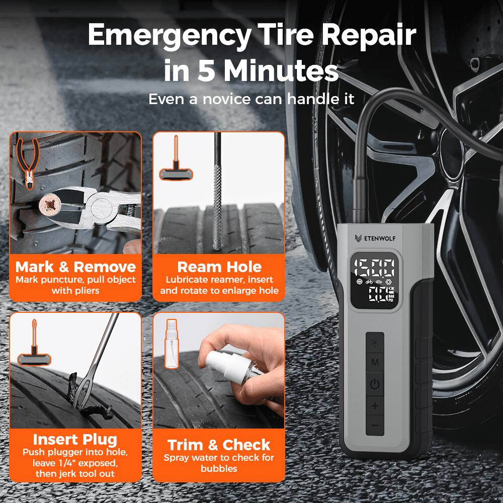 Emergency Tire Repair in 5 Minutes  
Even a novice can handle it  

ETENWOLF  

Mark & Remove  
Mark puncture, pull object with pliers  

Ream Hole  
Lubricate reamer, insert and rotate to enlarge hole  

Insert Plug  
Push plugger into hole, leave 1/4" exposed, then jerk tool out  

Trim & Check  
Spray water to check for bubbles