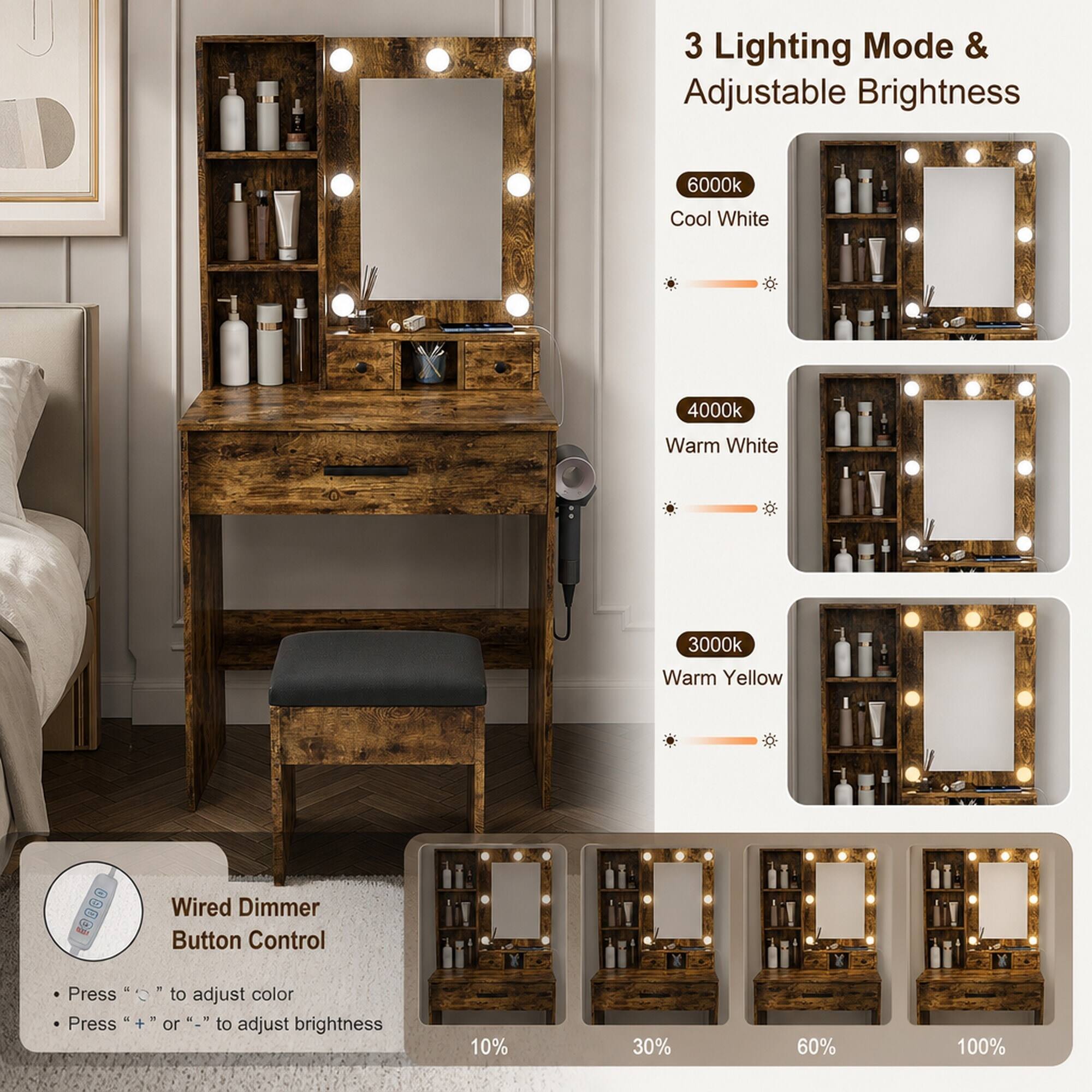 3 Lighting Mode & Adjustable Brightness

6000k
Cool White

4000k
Warm White

3000k
Warm Yellow

Wired Dimmer Button Control

Press "▲" to adjust color
Press "+" or "-" to adjust brightness

10%
30%
60%
100%