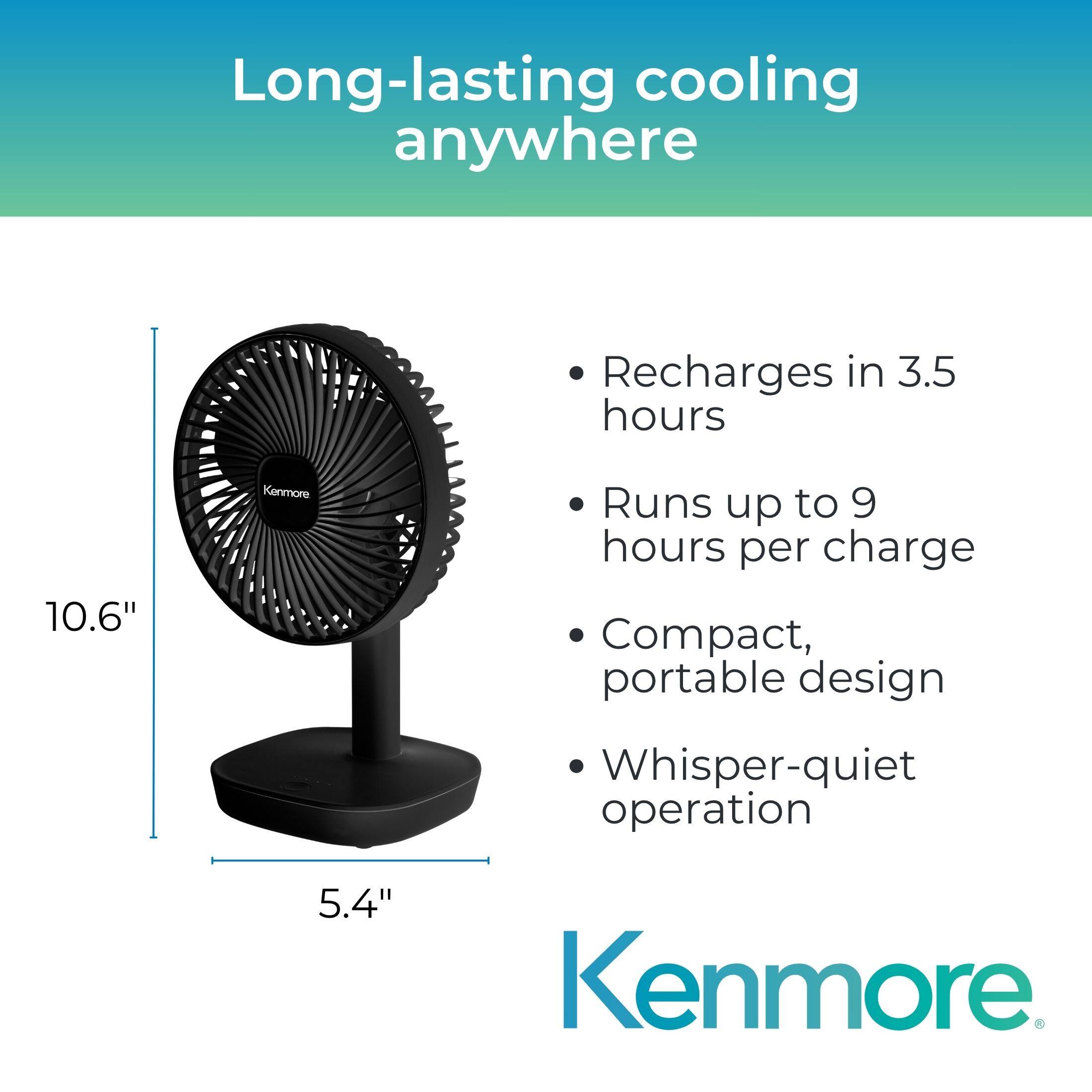 Long-lasting cooling anywhere

- Recharges in 3.5 hours
- Runs up to 9 hours per charge
- Compact, portable design
- Whisper-quiet operation

10.6" x 5.4" Kenmore