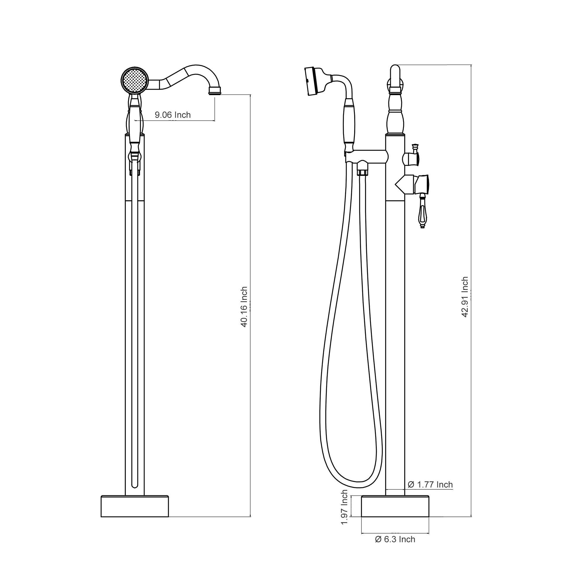 9.06 Inch, 40.16 Inch, 42.91 Inch, 1.97 Inch, 1.77 Inch, 6.3 Inch
