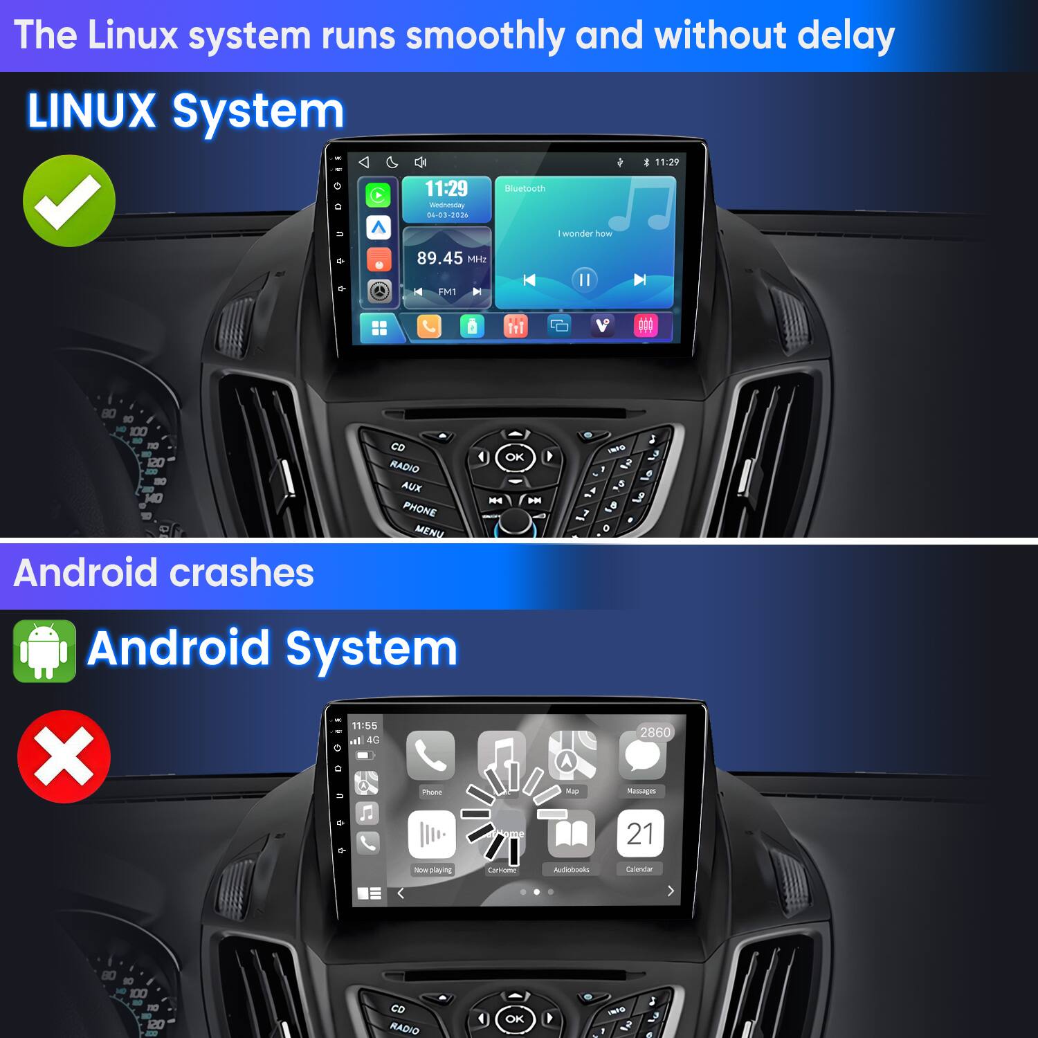 The Linux system runs smoothly and without delay

LINUX System
11:29 Wednesday 04-03-2025
Bluetooth
89.45 MHz
FM1
I wonder how

Android crashes

Android System
11:55
4G
Phone
Home
Map
2860 Messages 21
Now playing
CarHome
Audiobooks
Calendar