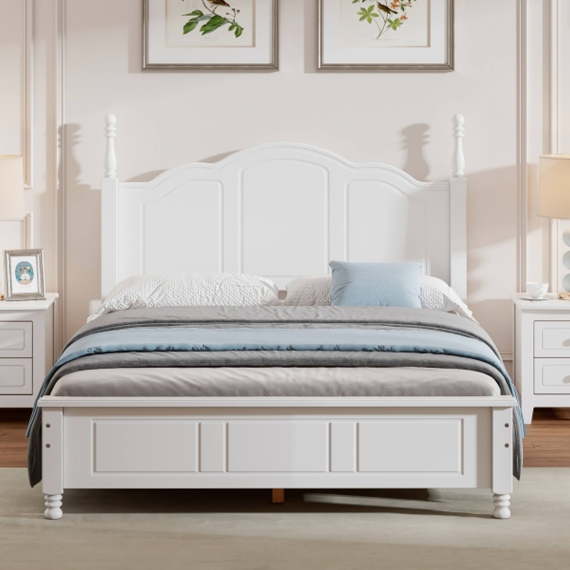 Alt View 6. GOODSILO - Full Size Wood Platform Bed Frame with Wooden Slat Support, Retro Style Headboard for Enhanced Bedroom Aesthetics - White.