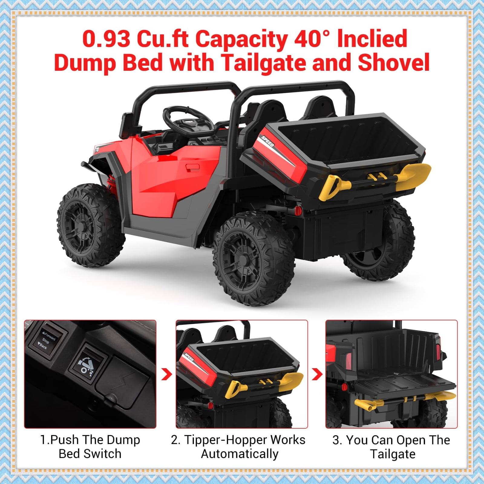 0.93 Cu.ft Capacity 40° Inclined Dump Bed with Tailgate and Shovel

1. Push The Dump Bed Switch
2. Tipper-Hopper Works Automatically
3. You Can Open The Tailgate