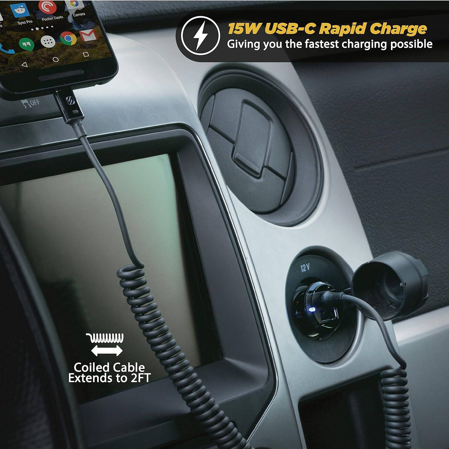 15W USB-C Rapid Charge  
Giving you the fastest charging possible  

Coiled Cable Extends to 2FT