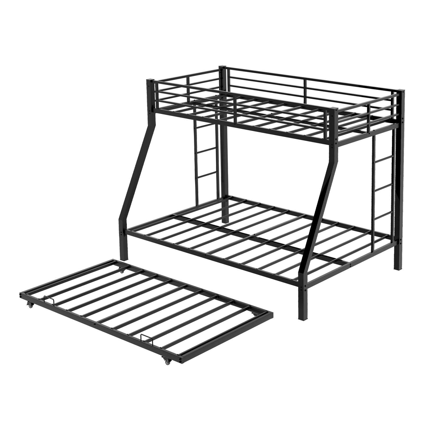 Alt View 10. Loheer - Loheer Twin XL Over Queen Metal Triple Bunk Bed with Trundle Heavy Duty Black Steel Frame - Black.