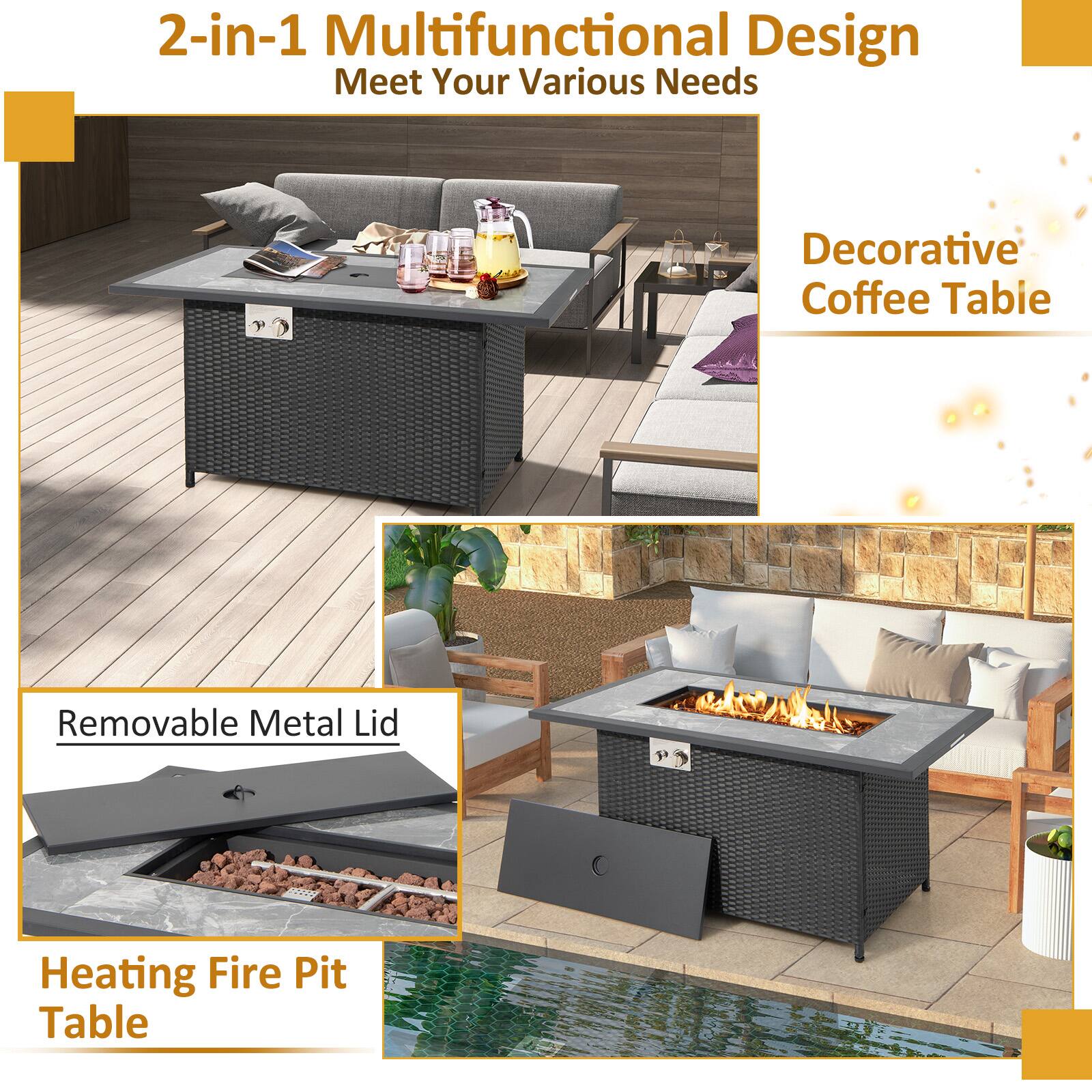 2-in-1 Multifunctional Design  
Meet Your Various Needs  

Decorative Coffee Table  

Removable Metal Lid  

Heating Fire Pit Table