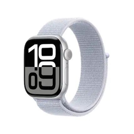 Angle. Apple - Geek Squad Certified Refurbished Apple Watch Series 10 (GPS) 42mm Aluminum Case with Blue Cloud Sport Loop - Silver.