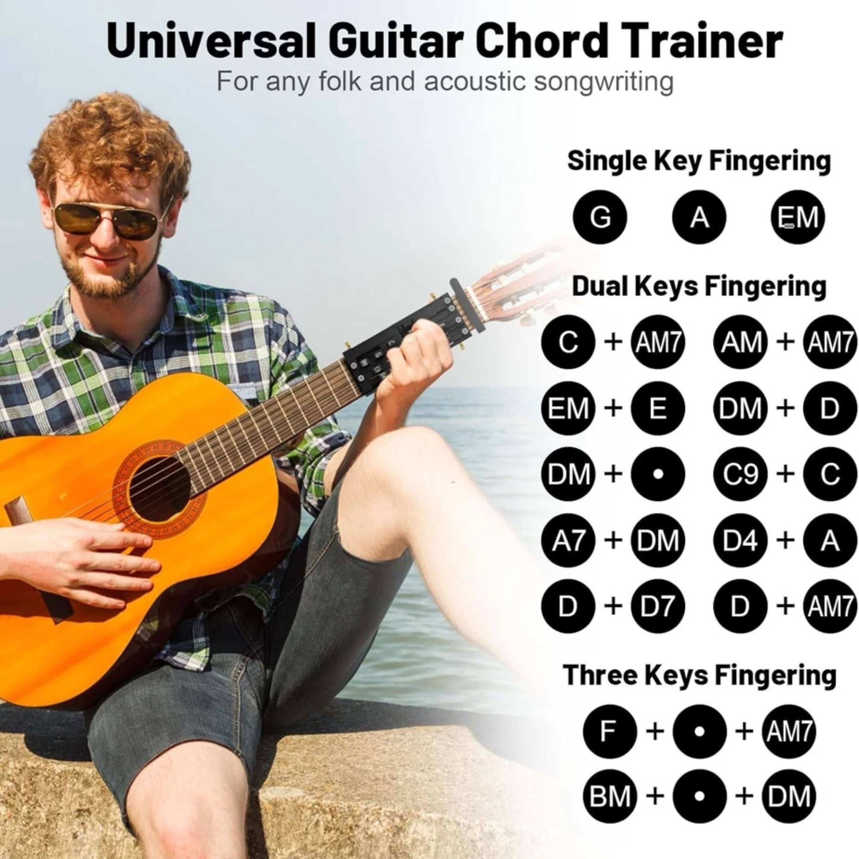 Universal Guitar Chord Trainer  
For any folk and acoustic songwriting

Single Key Fingering  
G A EM

Dual Keys Fingering  
C + AM7  
AM + AM7  
EM + E  
DM + D  
DM + C9 + C  
A7 + DM  
D4 + A  
D + D7  
D + AM7

Three Keys Fingering  
F + AM7  
BM + DM