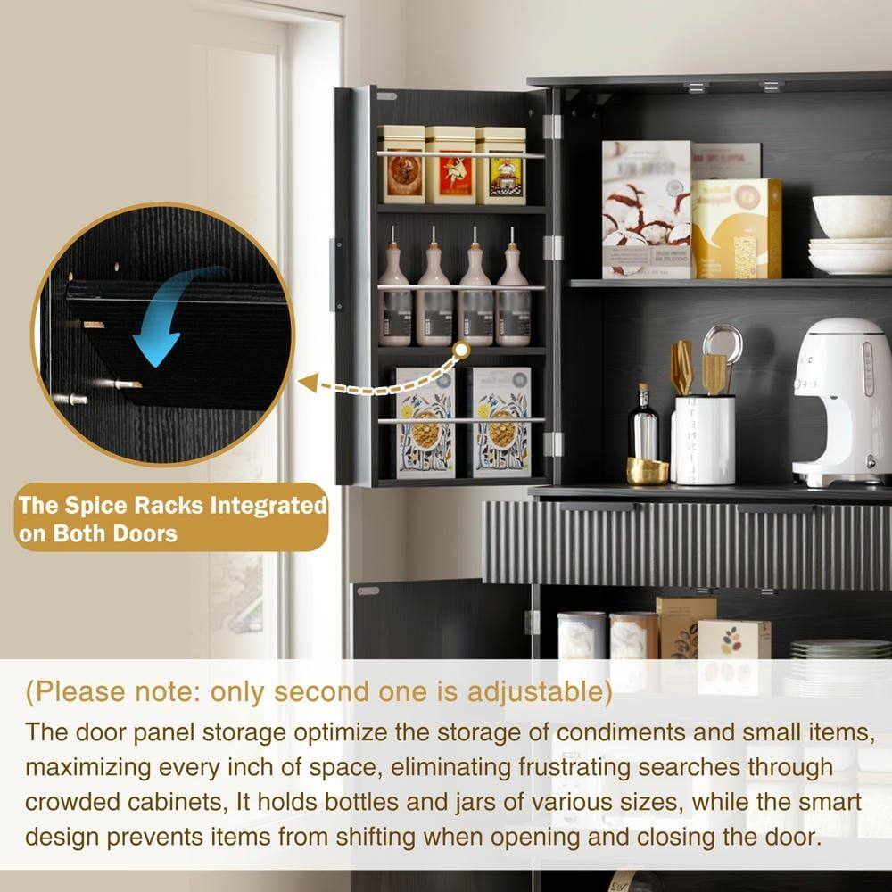 The Spice Racks Integrated on Both Doors

(Please note: only second one is adjustable)

The door panel storage optimizes the storage of condiments and small items, maximizing every inch of space, eliminating frustrating searches through crowded cabinets. It holds bottles and jars of various sizes, while the smart design prevents items from shifting when opening and closing the door.