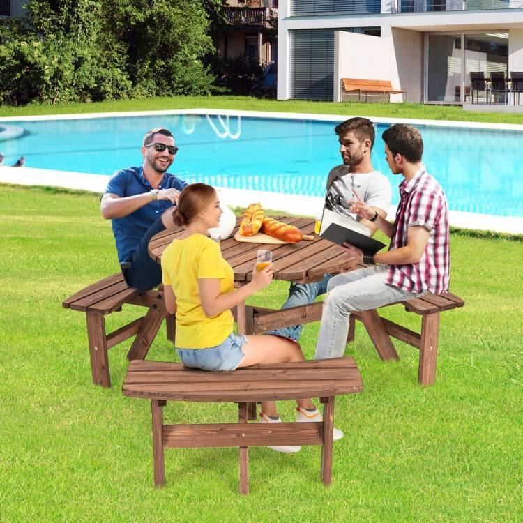 Back. Hivvago - Solid Cedar Wood Outdoor Picnic Table with 3 Benches Patio Garden Dining Set - Dark Brown.