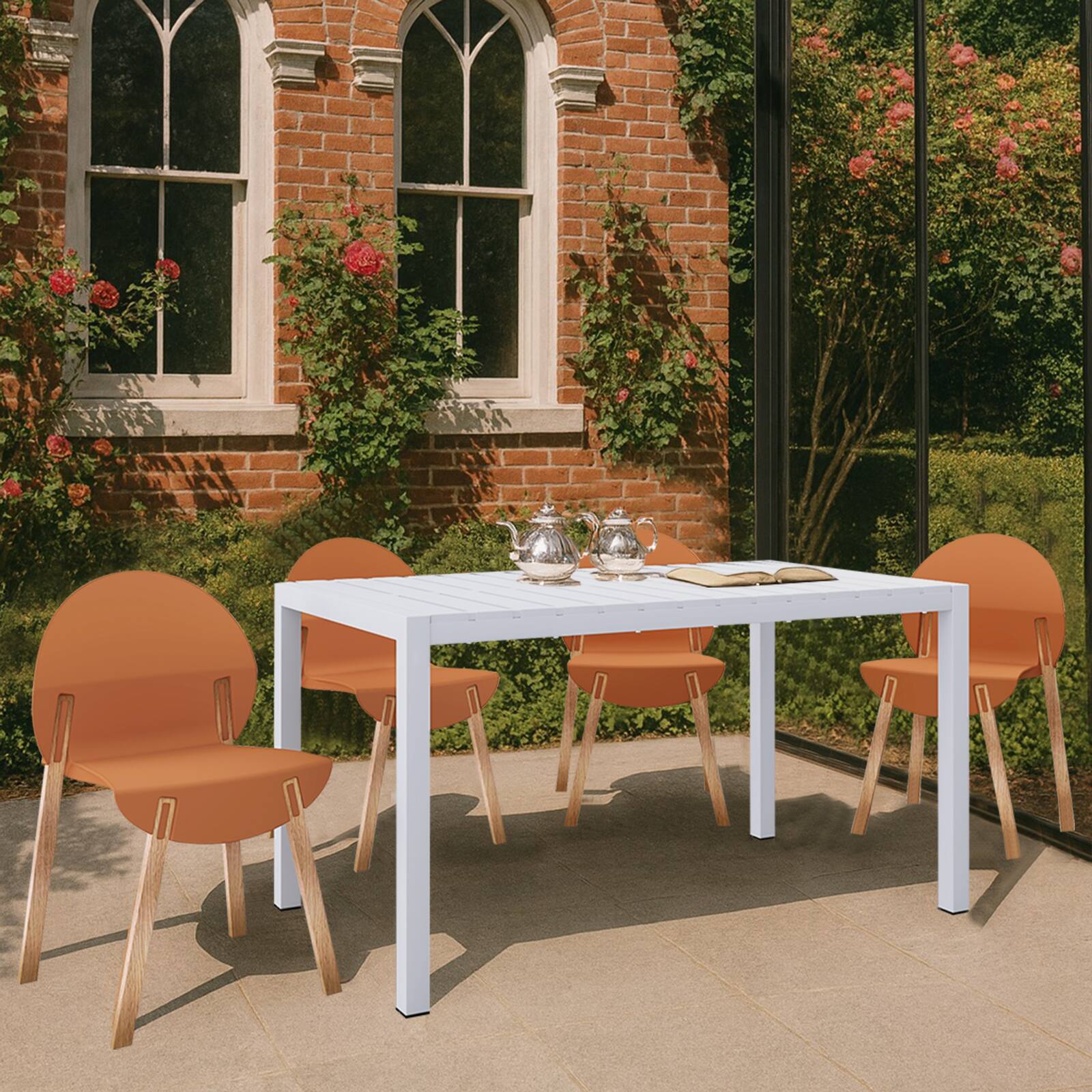 Left. Mondawe - 5-Piece Outdoor Dining Set – 55 Inch Table with 4 Wood Legs & PP Chairs - Orange+White.