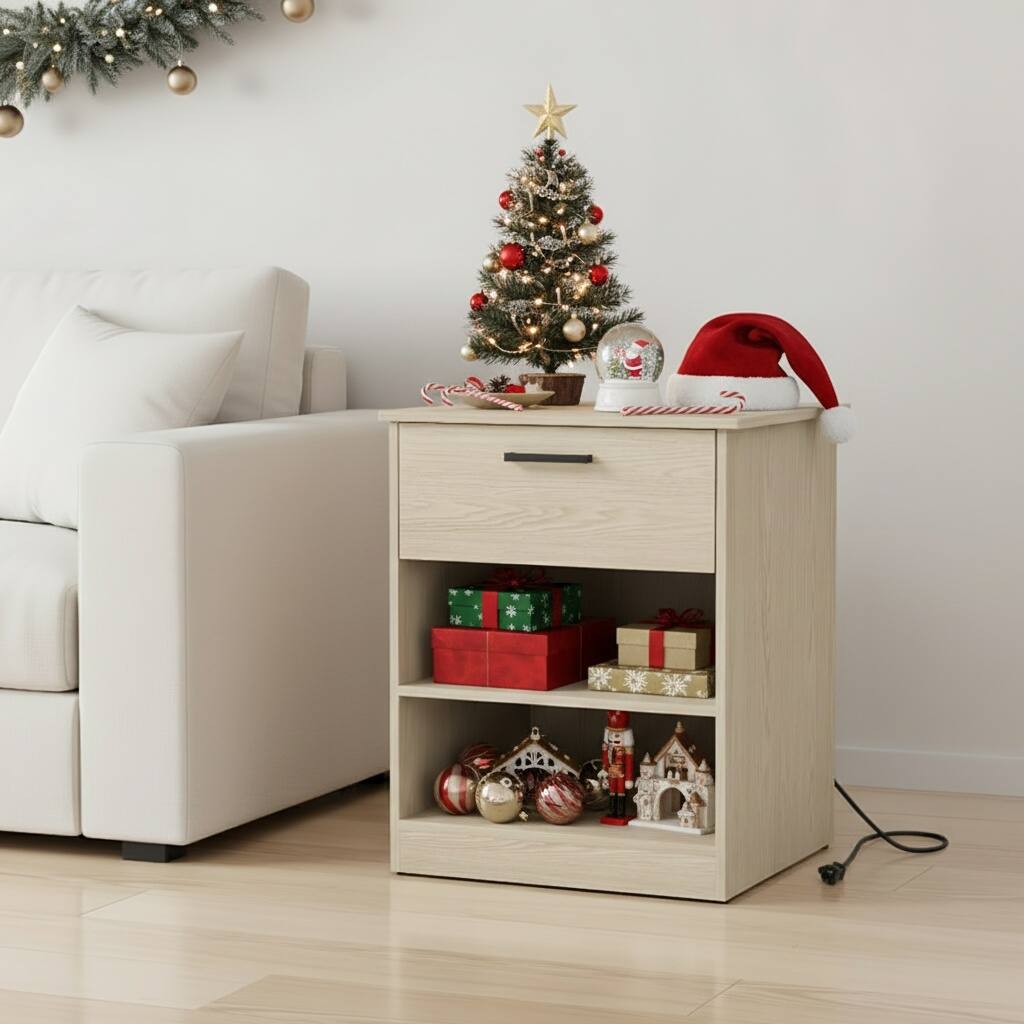 Kadyn - Wood Nightstand With Charging Station, Bedside Table With Wood Drawers And Open Shelf, Bedroom - Light Brown