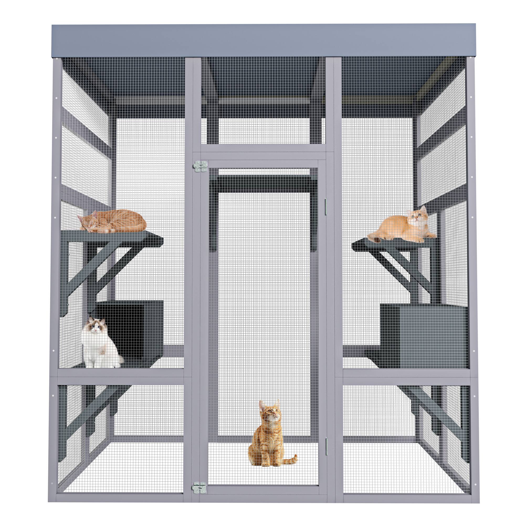 Siljoy - 62.6" Outdoor Catio with Waterproof Roof, 2 Napping Houses, Platforms & Galvanized Mesh Cat House