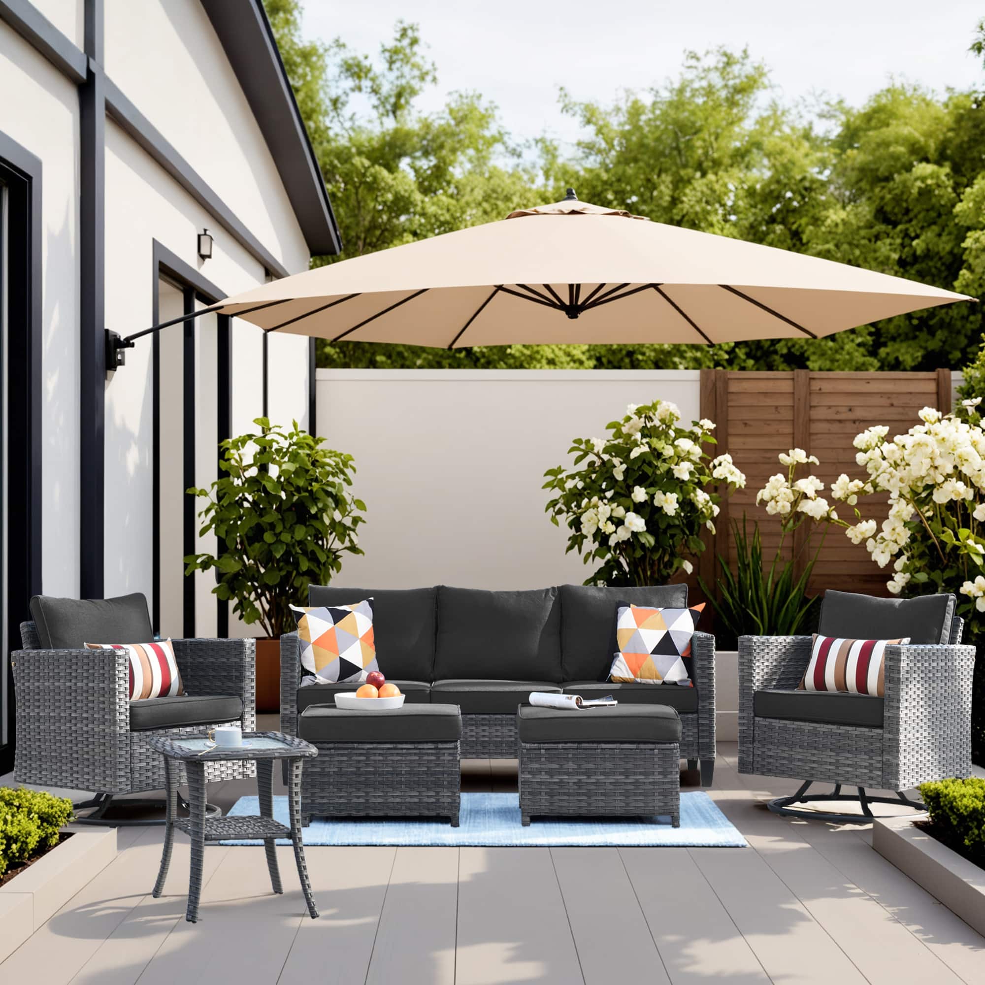 Ovios - 6 PCS Patio Furniture 3 Seat Sofa Comfy Swivel Chair with Side Table & Ottoman for Backyard - Black