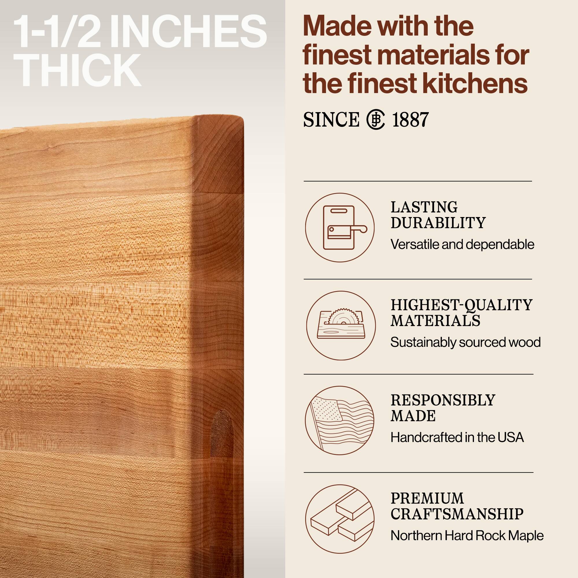 1-1/2 INCHES THICK

Made with the finest materials for the finest kitchens SINCE 1887

LASTING DURABILITY
Versatile and dependable

HIGHEST-QUALITY MATERIALS
Sustainably sourced wood

RESPONSIBLY MADE
Handcrafted in the USA

PREMIUM CRAFTSMANSHIP
Northern Hard Rock Maple