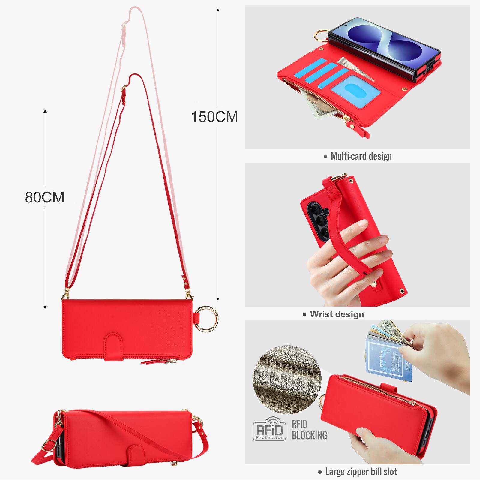 150CM  
Multi-card design  
80CM  
Wrist design  
RFID Protection BLOCKING  
Large zipper bill slot