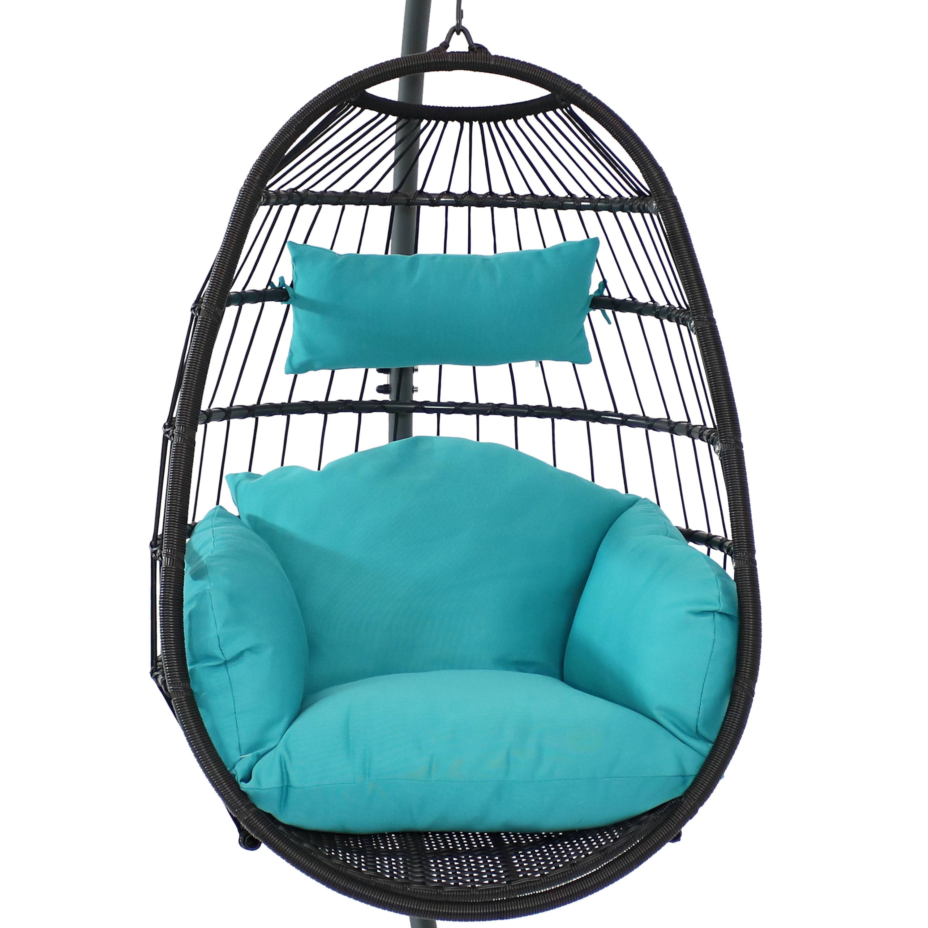 Alt View 5. Sunnydaze - Resin Wicker Hanging Egg Chair with Steel Stand/Cushions - Turquoise Cushions.