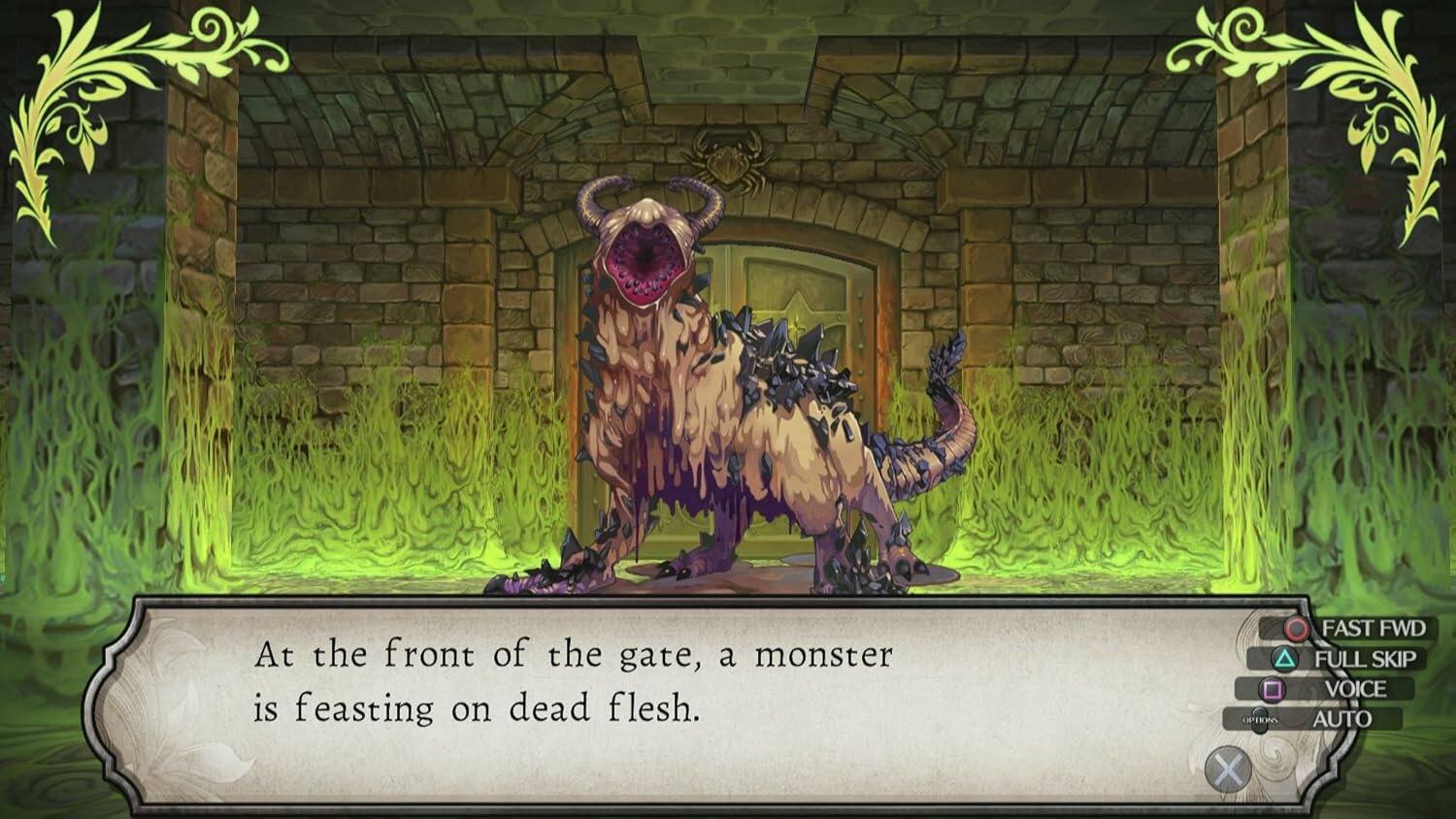 At the front of the gate, a monster is feasting on dead flesh.