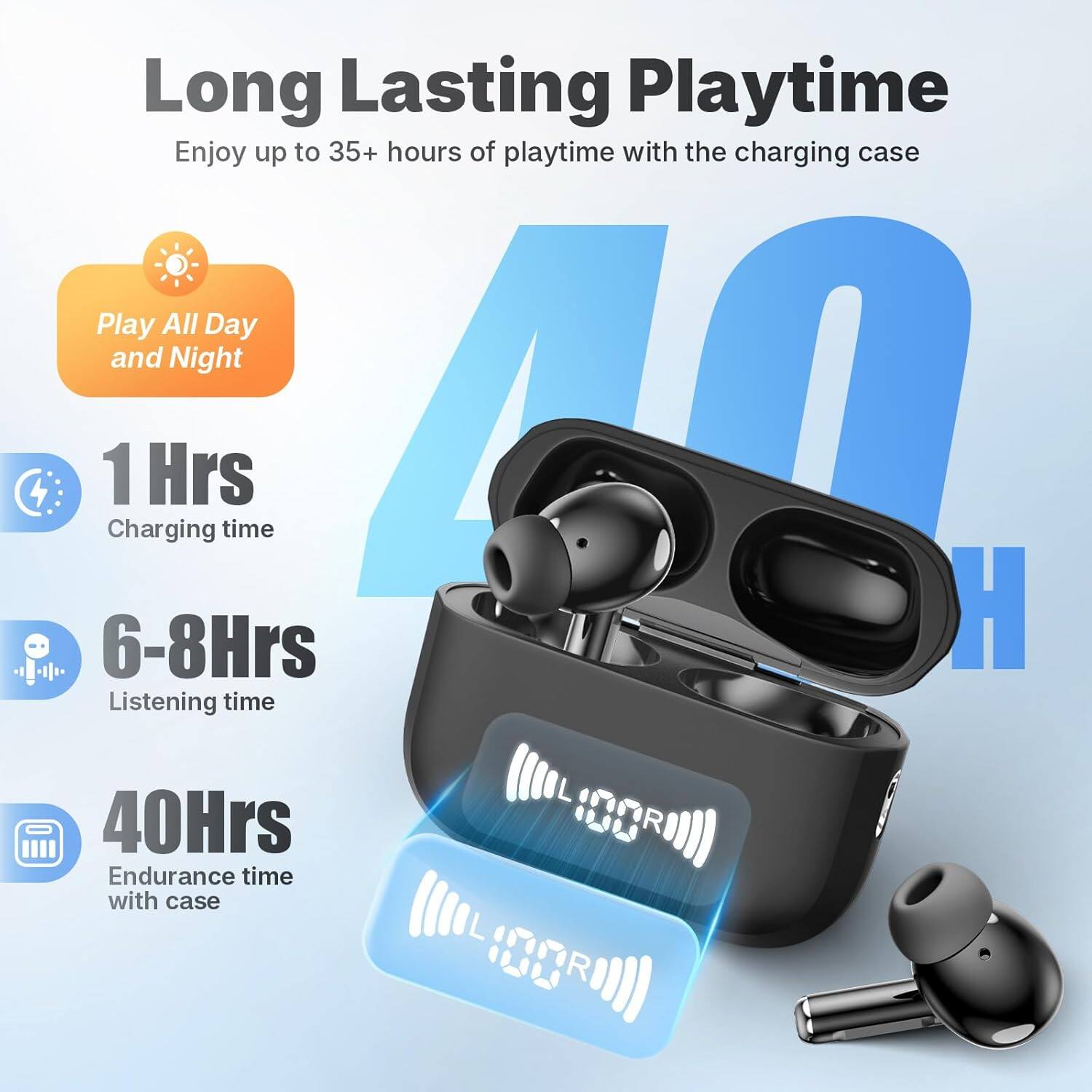 Long Lasting Playtime  
Enjoy up to 35+ hours of playtime with the charging case  

Play All Day and Night  

1 Hrs  
Charging time  

6-8 Hrs  
Listening time  

40 Hrs  
Endurance time with case