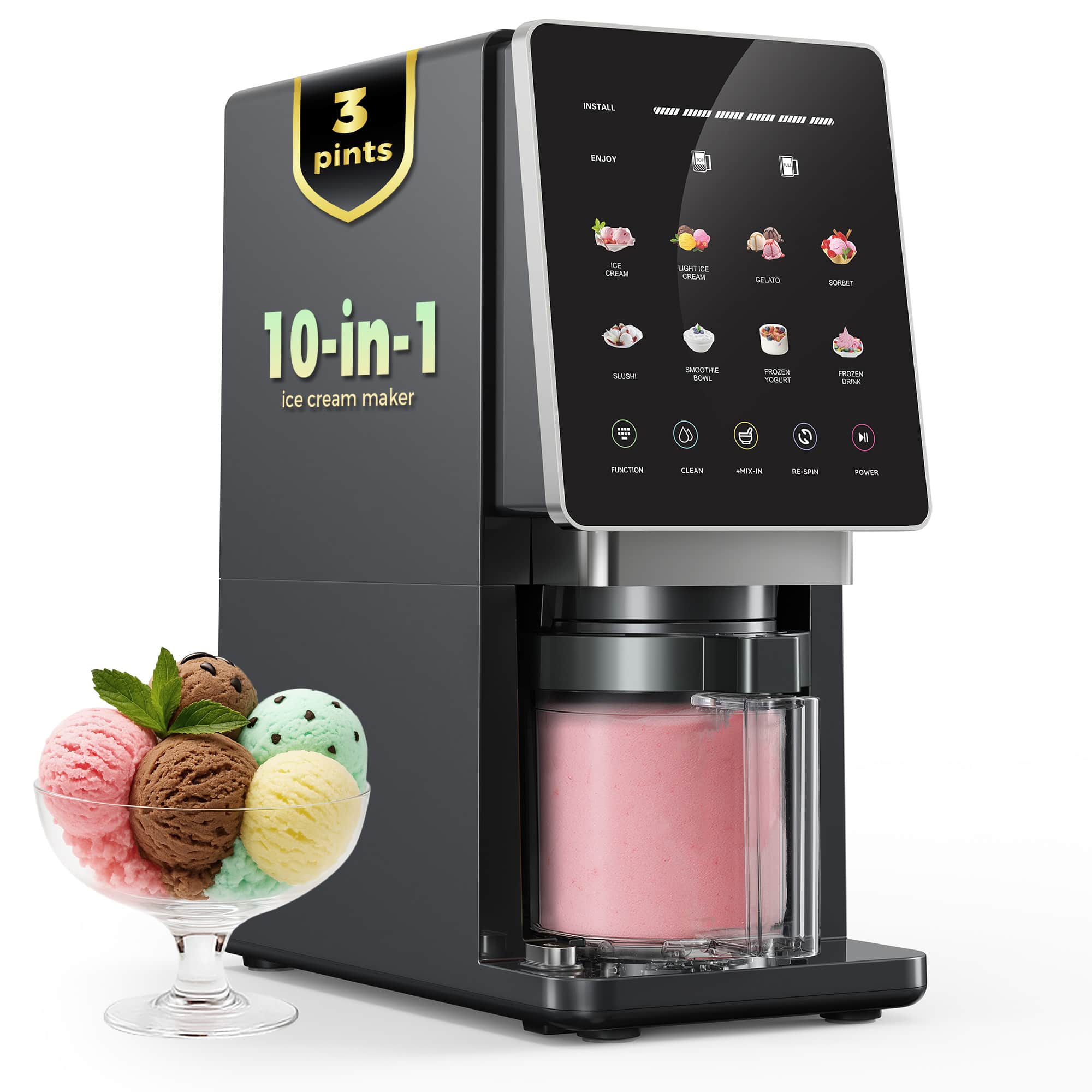 Alcarin - Ice Cream Maker for Homemade, 10 One-Touch Programs with 3 Pints, Frozen Treat, Gelato, Yorgurt, Sorbet, Mix-in & More - Black