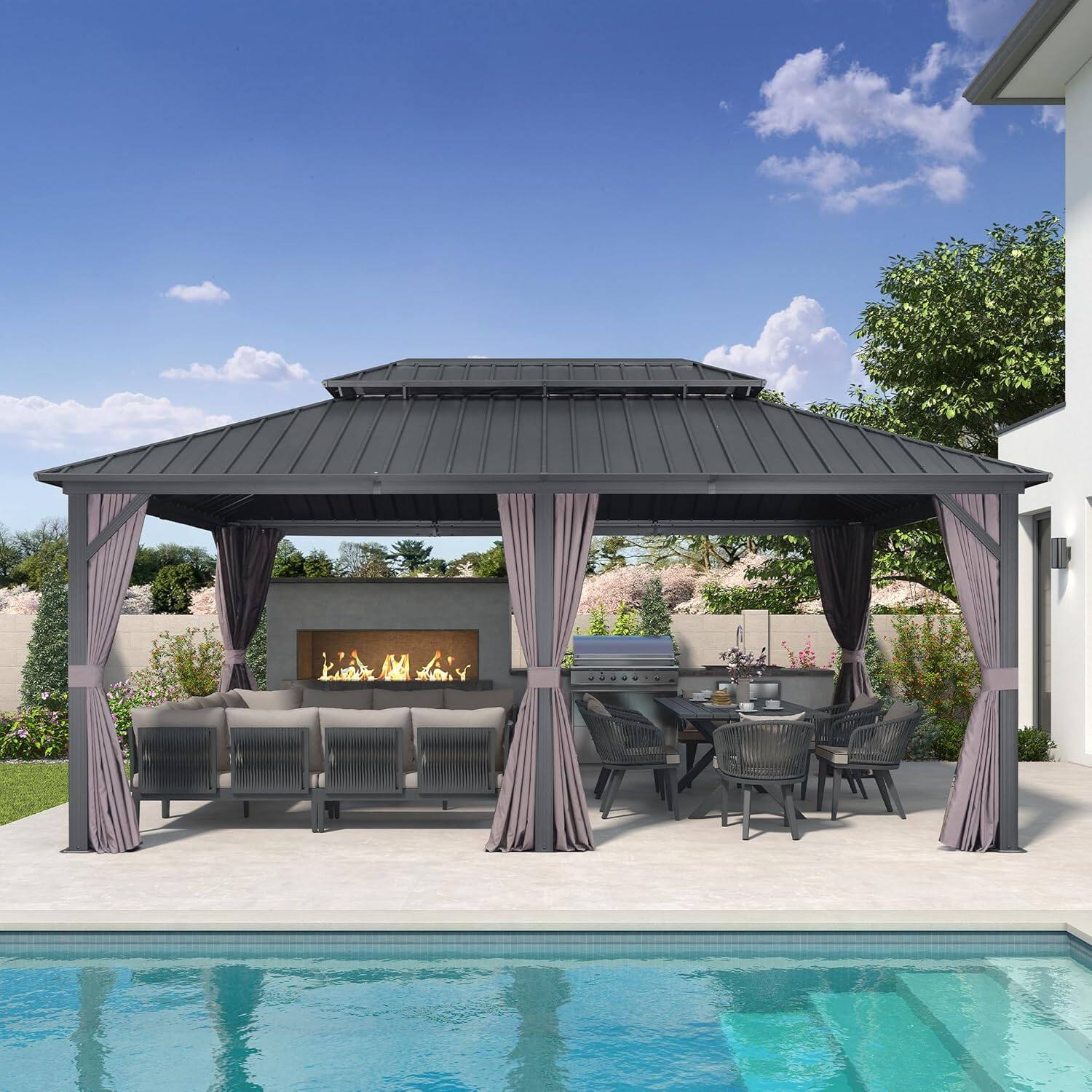 Alt View 2. PURPLE LEAF - 12' X 18' Outdoor Aluminum Hardtop Gazebo with Galvanized Steel Double Roof for Patio Deck with Netting and Curtains - 12' X 18'.