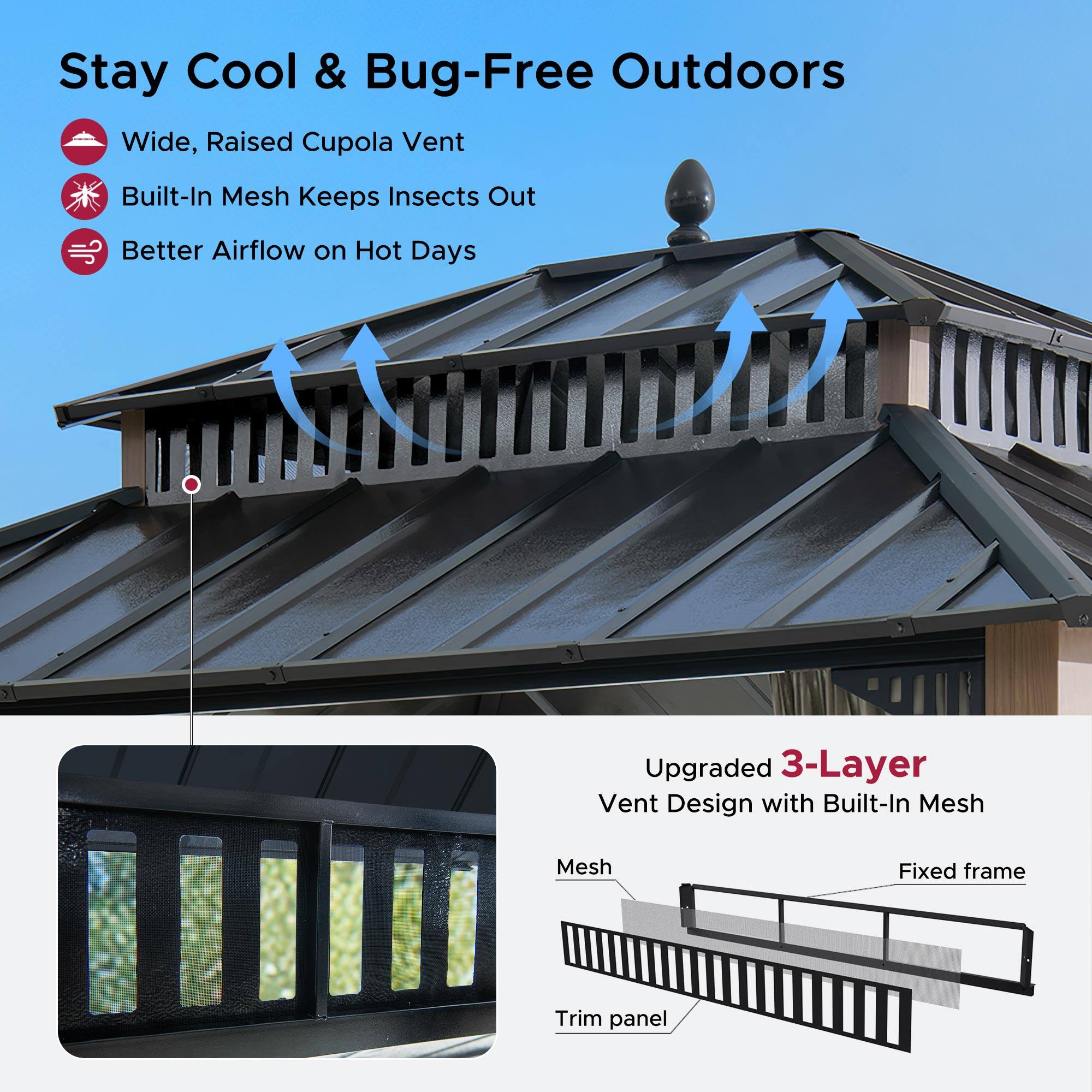 Stay Cool & Bug-Free Outdoors

- Wide, Raised Cupola Vent
- Built-In Mesh Keeps Insects Out
- Better Airflow on Hot Days

Upgraded 3-Layer Vent Design with Built-In Mesh

- Mesh
- Fixed frame
- Trim panel
