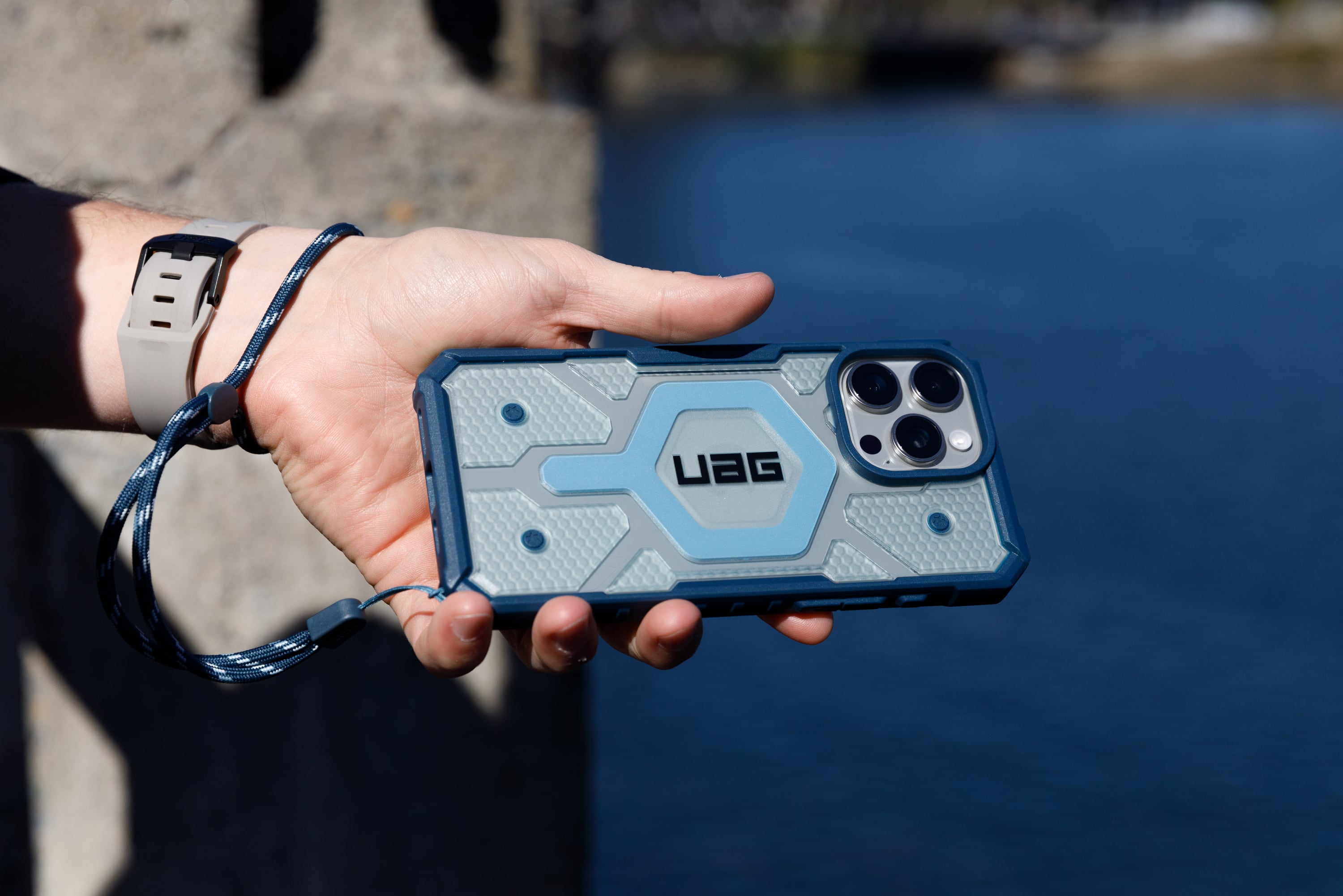 Alt View 1. UAG - Bundle: Pathrfinder Series MagSafe Case and Lanyard for iPhone 16 Pro - Blue/Clear.