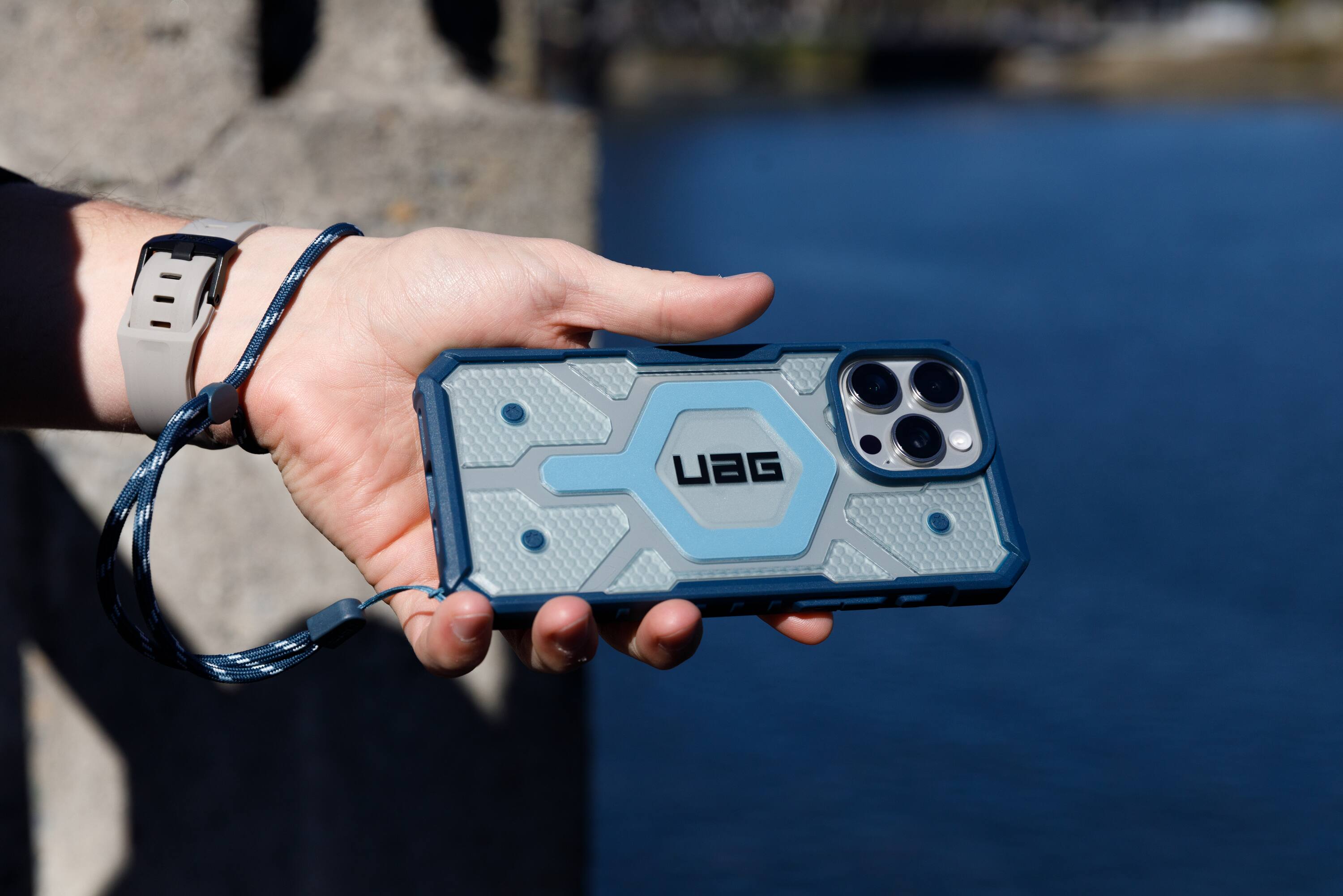 Alt View 1. UAG - Bundle: Pathrfinder Series MagSafe Case and Lanyard for iPhone 16 Pro - Blue/Clear.