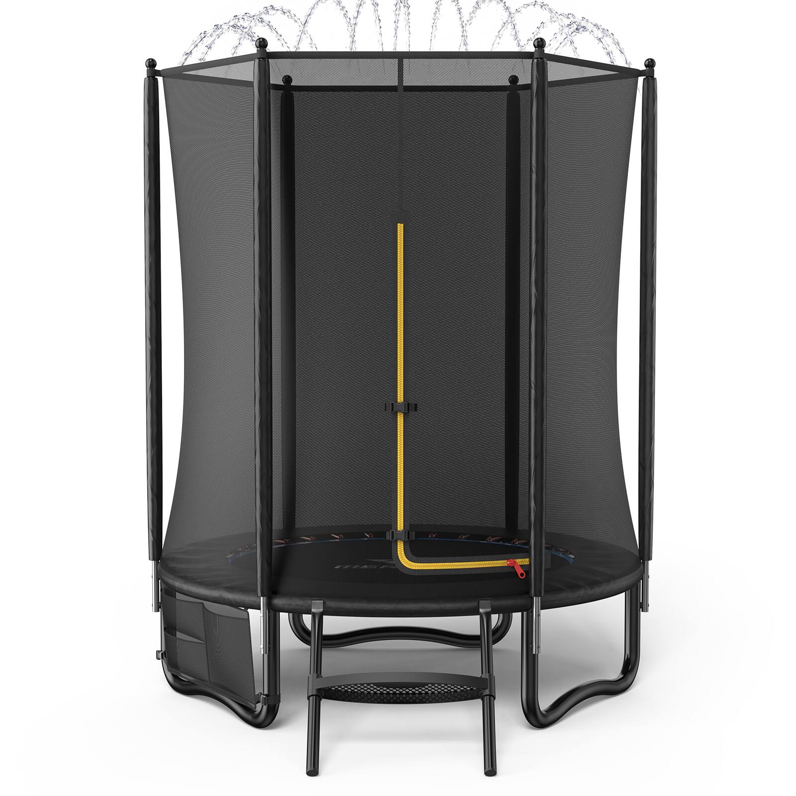 Angle. MERACH - MERACH 6FT Trampoline with Safety Net, 330 lbs Capacity, Ladder, LED Lights, Water Spray Hose, Outdoor Backyard.