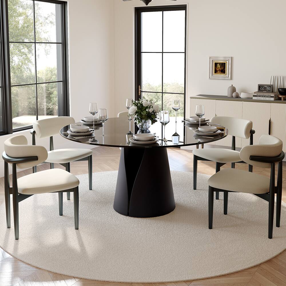 Left. POVISON - 59" Modern Black Round Dining Table For 6, Tempered Glass Tabletop,Carbon Steel Base - Gray Glass & Black Steel Base.