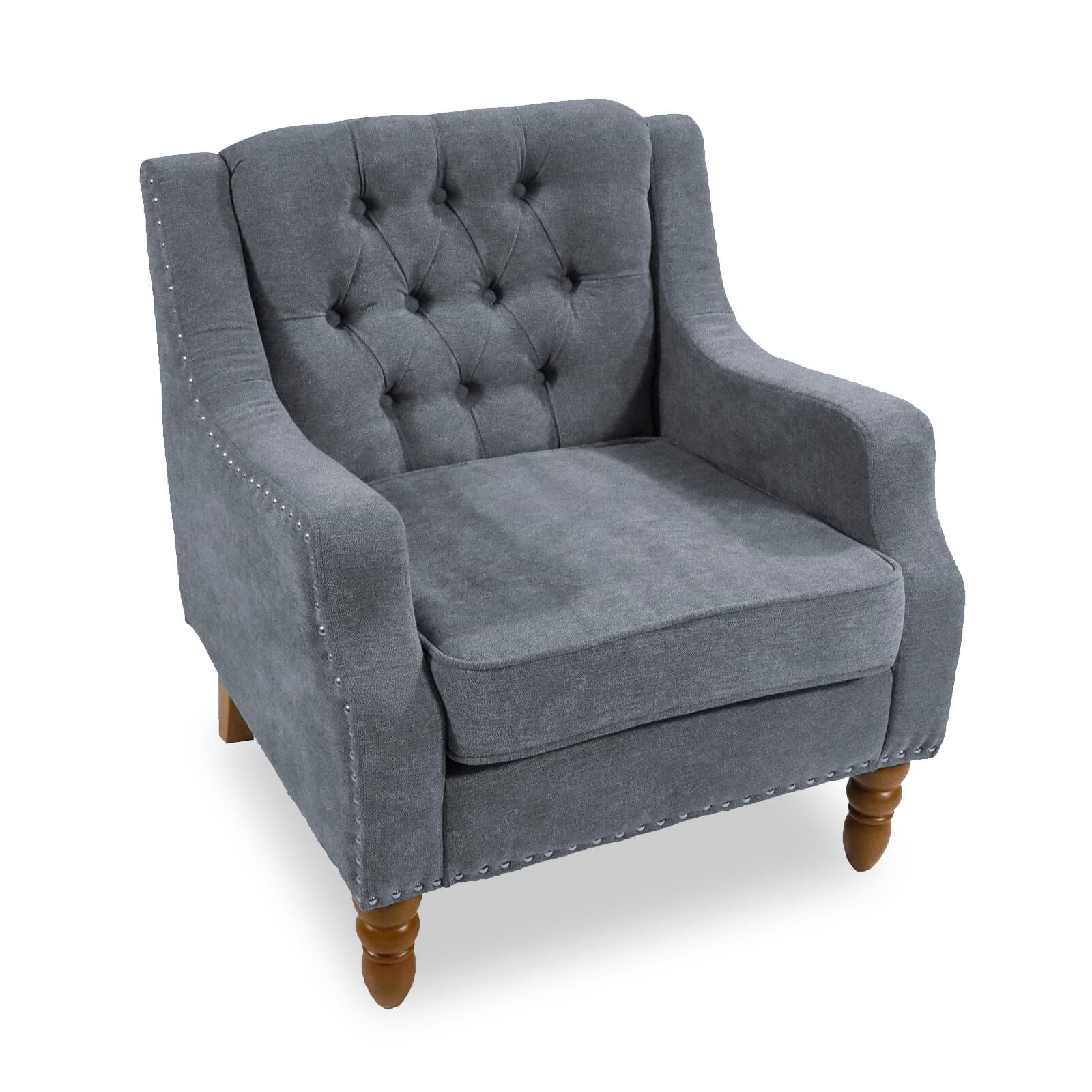 Front. Ecooso - Accent Chair, Living Room Chair, Footrest Chair Set with Vintage Brass Studs, Button Tufted Upholstered Armchair - Grey.